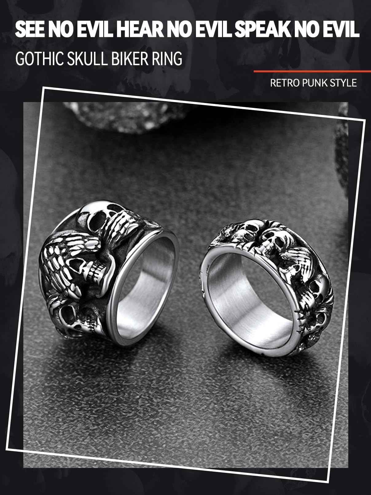FaithHeart Herren Ringe，Punk Gotik Totenkopf Fingerring,Skull Skelett Ring, Edelstahl Vintage Biker Fingerring, 8 Ringgröße wählbar,Totenkopf Schmuck für Halloween Geburtstag