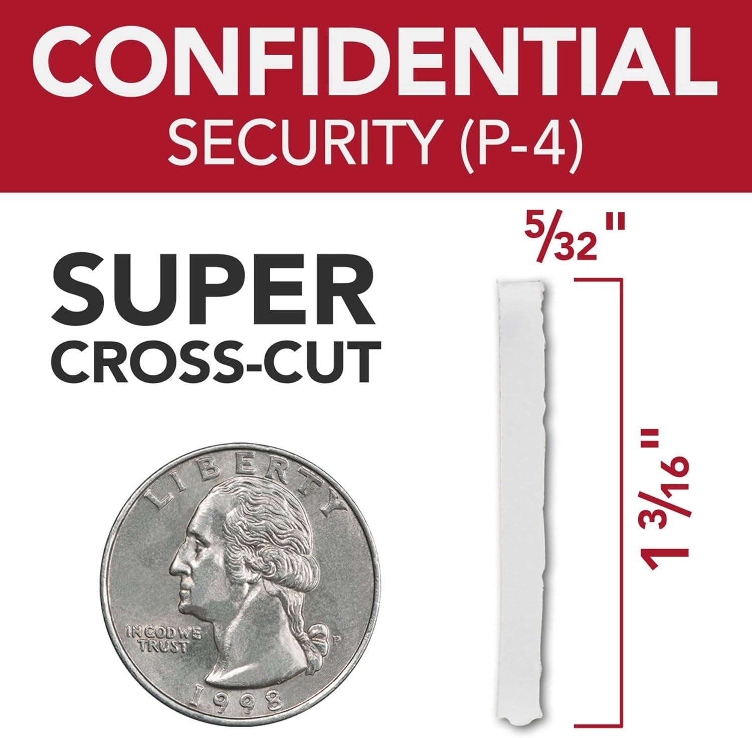 Graphic showing P-4 Super Cross-Cut shred size compared to a quarter