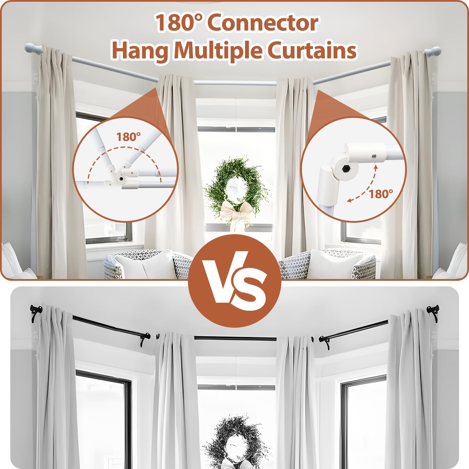 Barra de cortina de ventana de 76 a 460 cm, 2 codos incluidos, diámetro de 25 mm, barra de cortina blanca resistente de 3 lados, para dormitorio, sala de estar, ventana de esquina