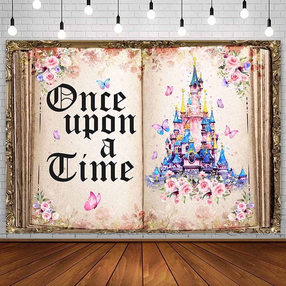 AIBIIN 7x5ft Once Upon a Time Backdrop Fairytale Book Castle Pink Floral Princess Romantic Story Old Opening Book Photo Background Wedding Baby Shower Birthday Party Decoration Banner Photo Props