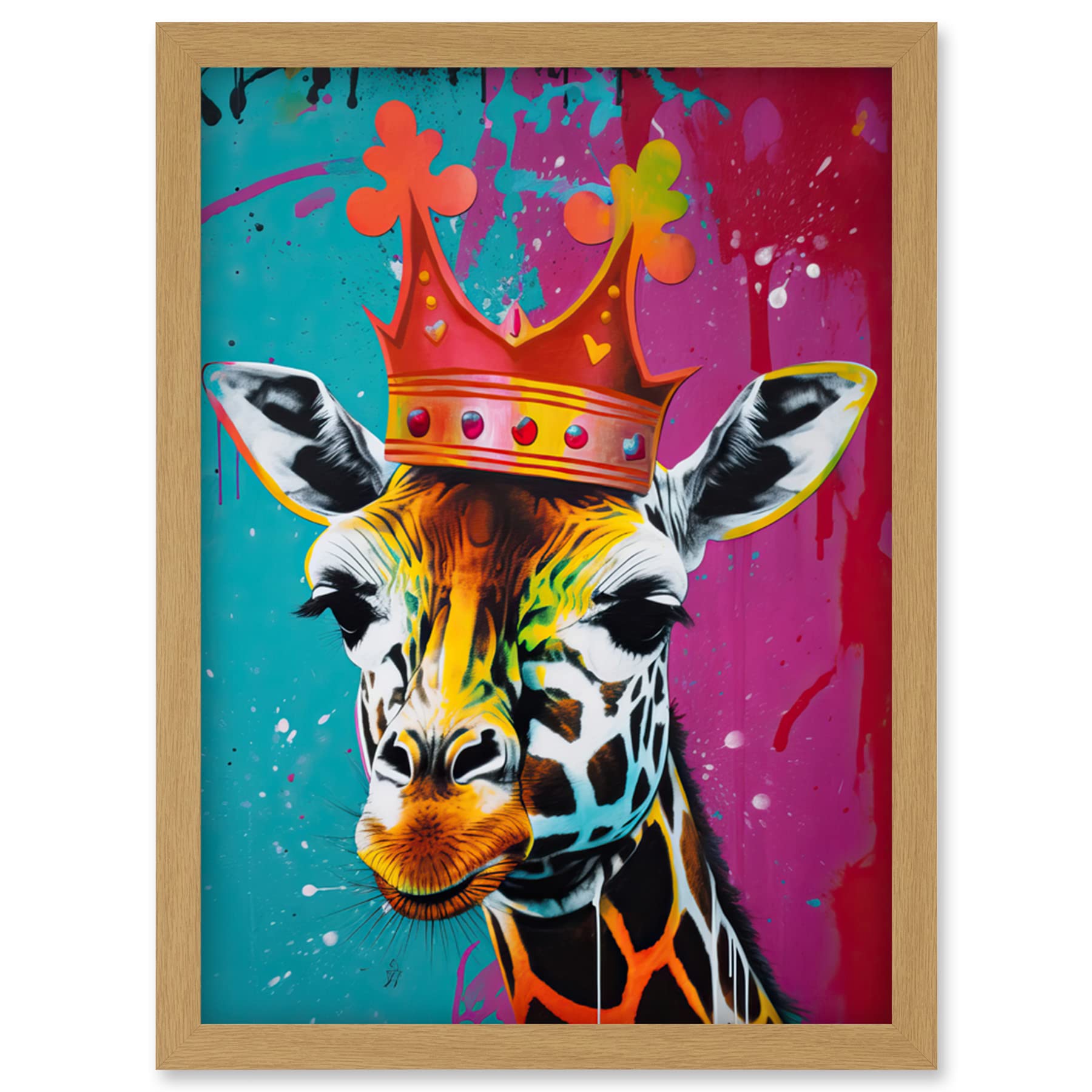 King Queen Giraffe Crown Pop Art Framed Wall Art Print A4 - Artery8