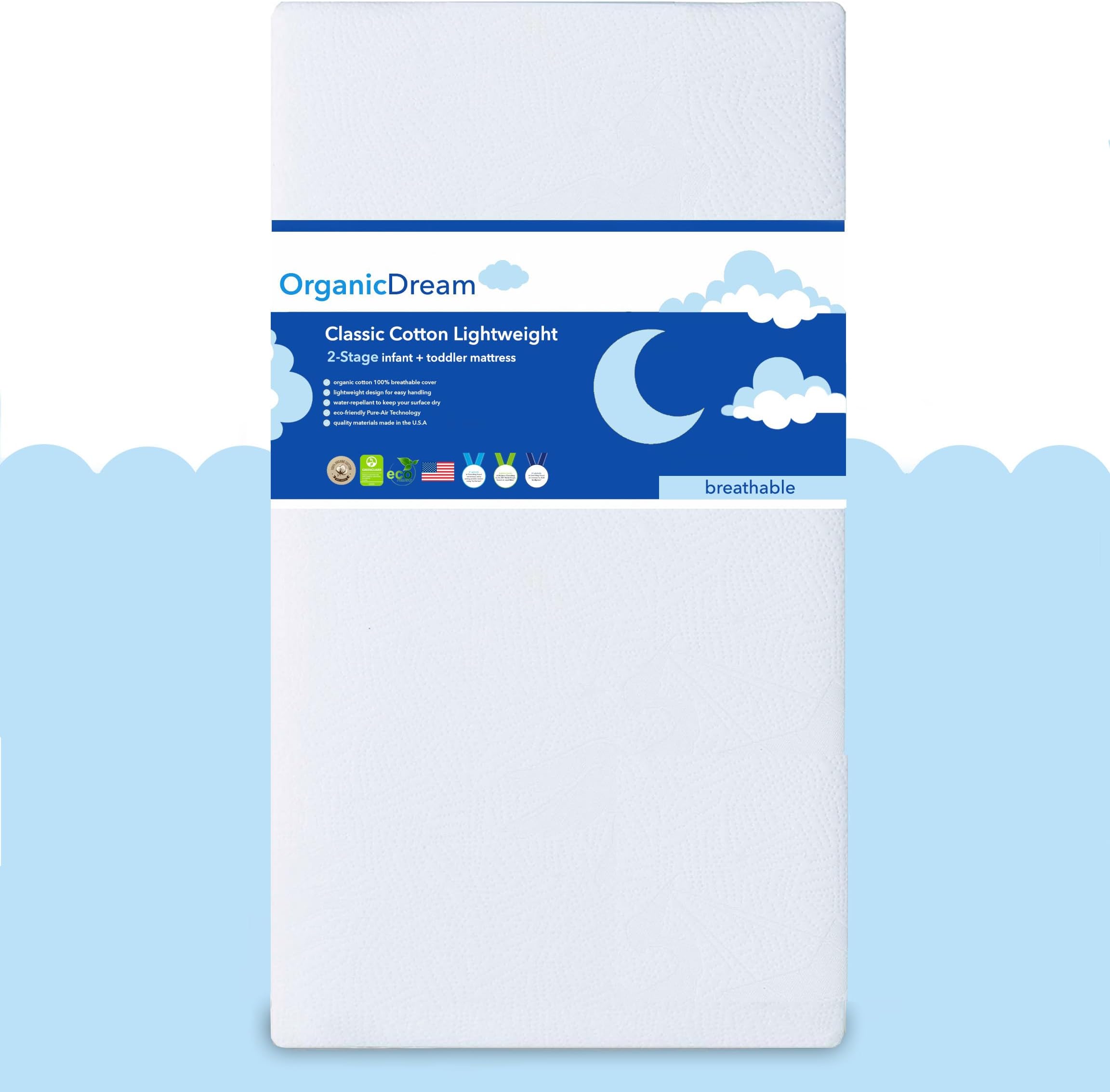 ORGANICDREAM Crib Mattress + Toddler Bed - 100% Breathable Proven to Reduce Suffocation Risk, Hypoallergenic, GREENGUARD Certified - Lightweight 2-Stage Removable Cover - Deluxe 6" Thick - White