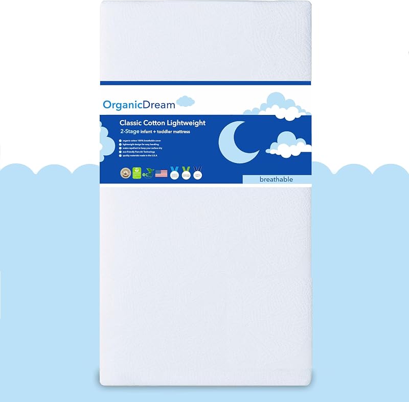 ORGANICDREAM Crib Mattress + Toddler Bed - 100% Breathable Proven to Reduce Suffocation Risk, Hypoallergenic, GREENGUARD Certified - Lightweight 2-Stage Removable Cover - Deluxe 6" Thick - White