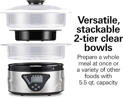 Miniatura 3 de Hamilton Beach Vaporizador digital de alimentos para una cocción rápida y saludable con cuencos apilables de dos niveles para verduras y mariscos