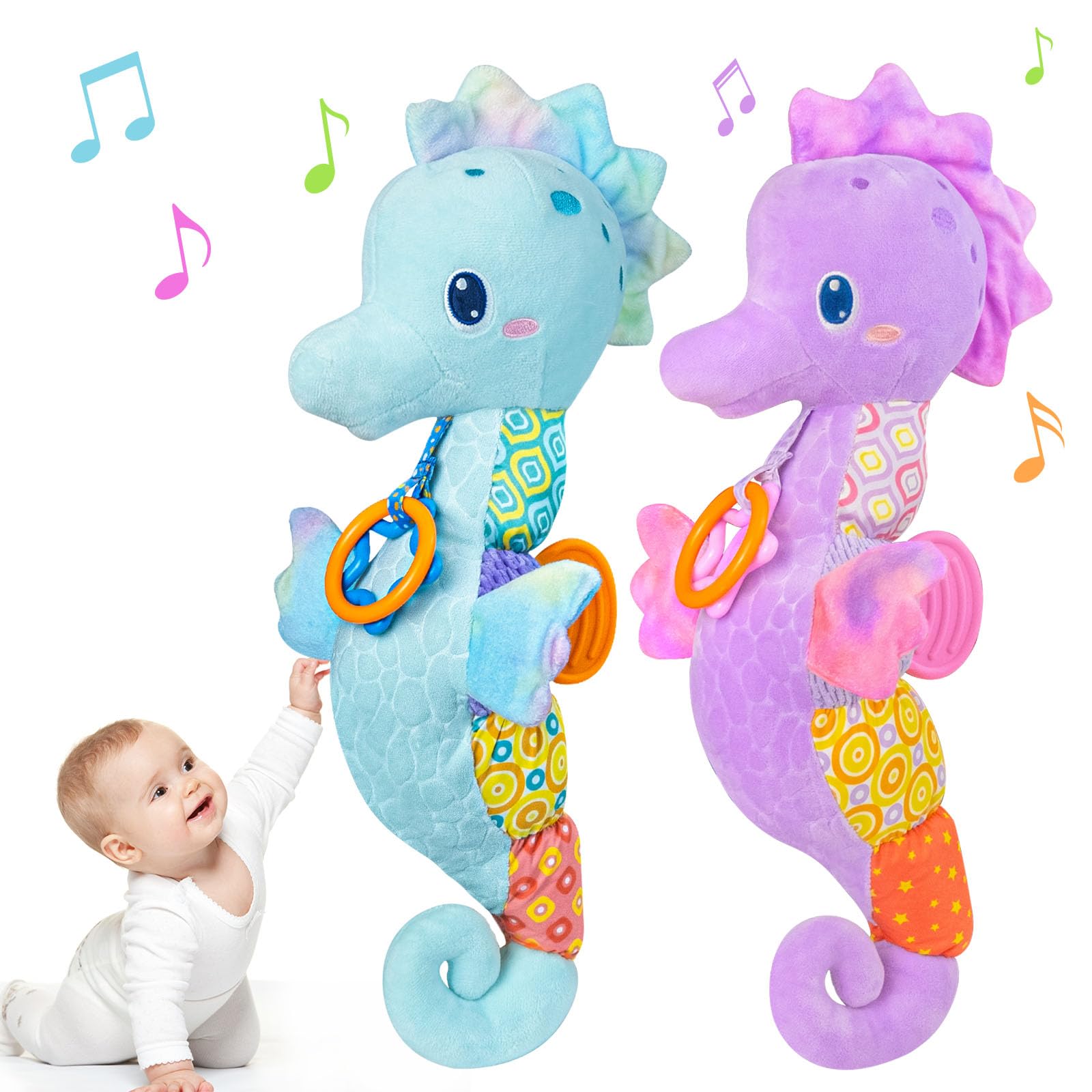 Baby Toys 0-6 Months, Infant Musical Seahorse Stuffed Animals Sensory Toys with Bright Colors,Multiple Textures,Rattles & Crinkle Sound Paper,Soft Tummy Time Toy for Newborn Boys Girls 0-12 Months