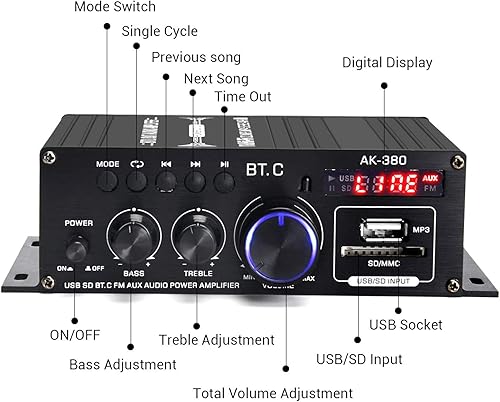 Miniatura 6 de AK-380 Bluetooth 5.0 Amplificador de audio para el hogar, máximo 400W+400W 2.0CH HiFi Stereo con fuente de alimentación de 12 V 5 A, receptor