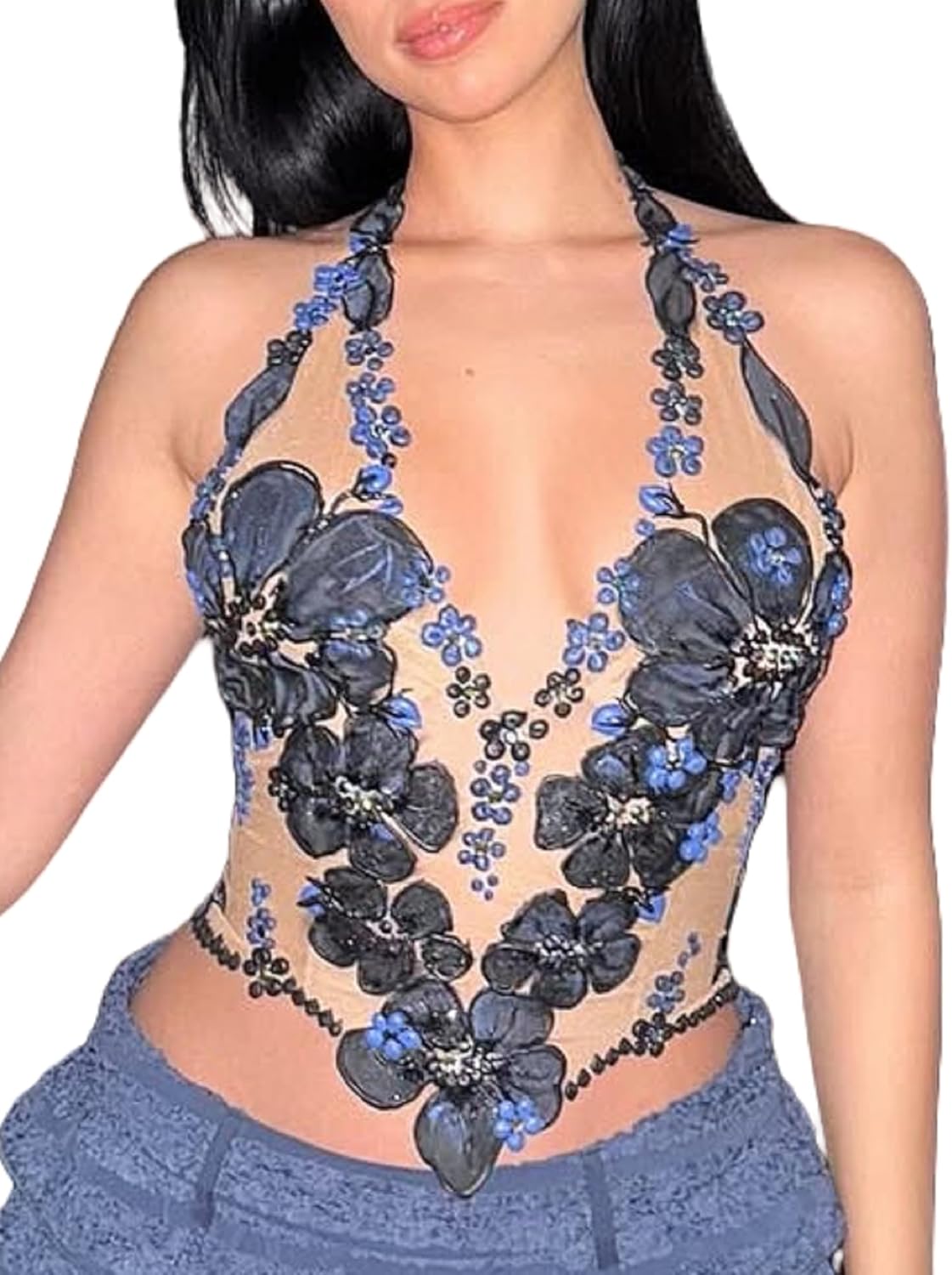 UAURORAO Women Floral Mesh Tank Top Y2K Flower Embroidery Sheer Halter Crop Tops See Through Tie Up Backless Camisole