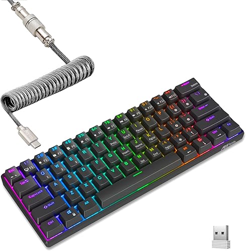 RK Royal Kludge Teclado mecánico RK61 60%, cable en espiral, 2.4 GHzBluetoothcable, Bluetooth, 61 teclas, inalámbrico, RGB, cambio de tecla marrón