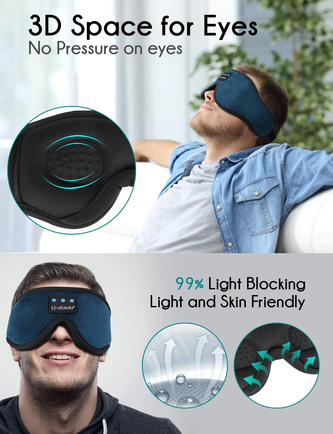 LC-dolida Bluetooth Sleep Mask Headphones 3D Deep Eye Mask with Headphones,Can Play 15 Hours Breathable 200% Blackout Plane Travel Essentials,Sleep Mask Blackout with Travel Bag Tech Gadgets - Image 4