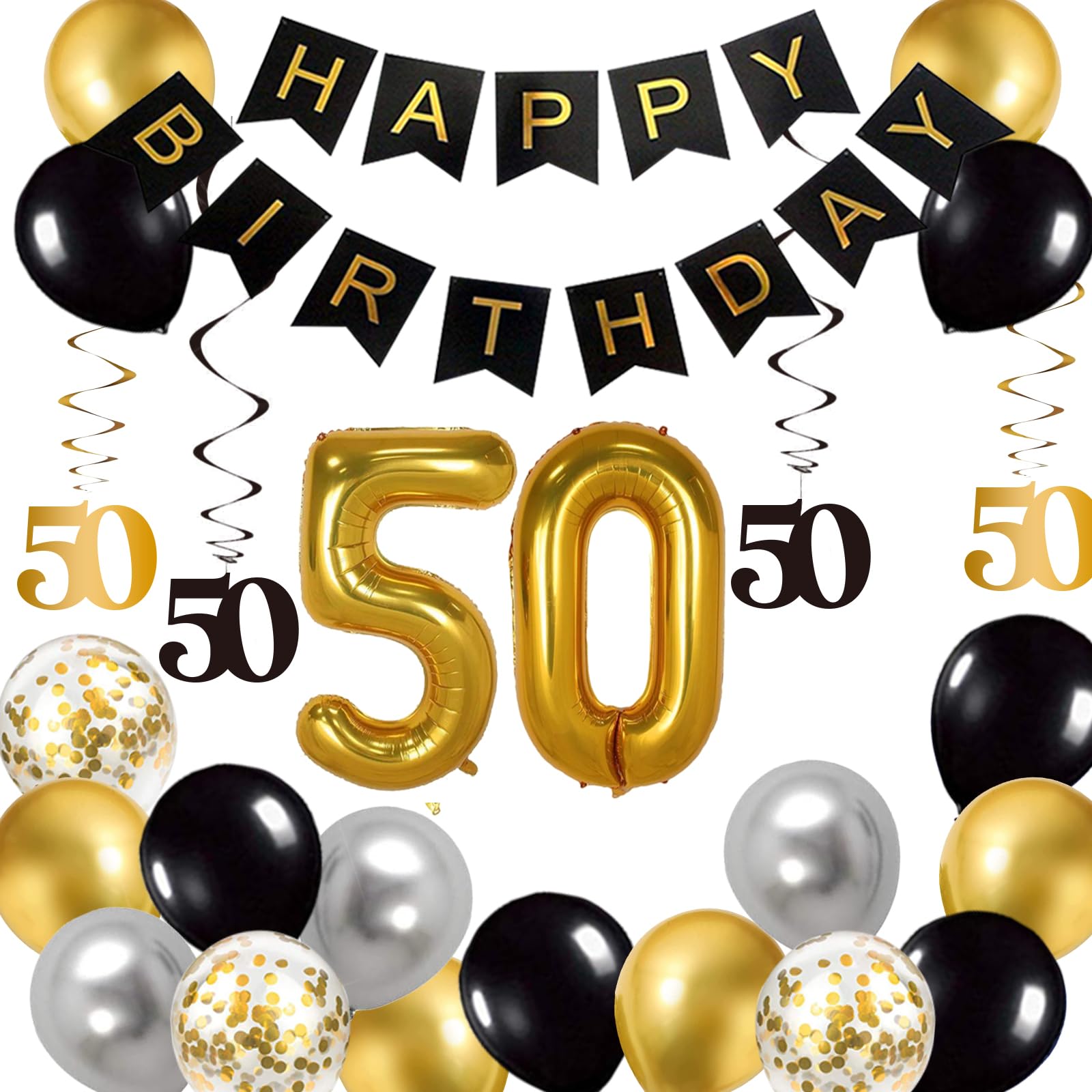 BRT Bearingshui Black & Gold 50th Birthday Party Decorations - Happy Birthday Banner, Number 50 Foil Balloon, Black & Gold Decorations Supplies