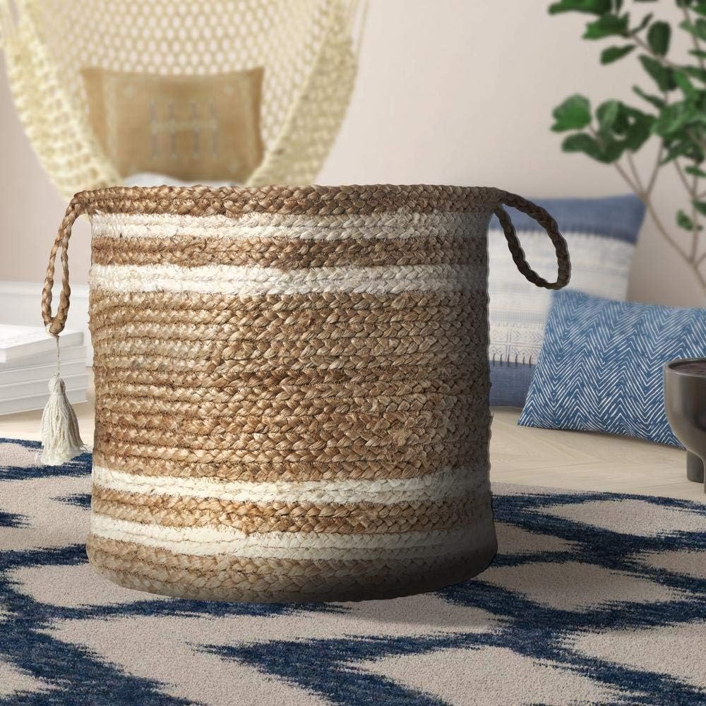 rugszone Jute Cotton Planter Basket, 12 Inches for Plant Pot Storage (White Lines, Handles, Beige, Pack of 1)-picture-17