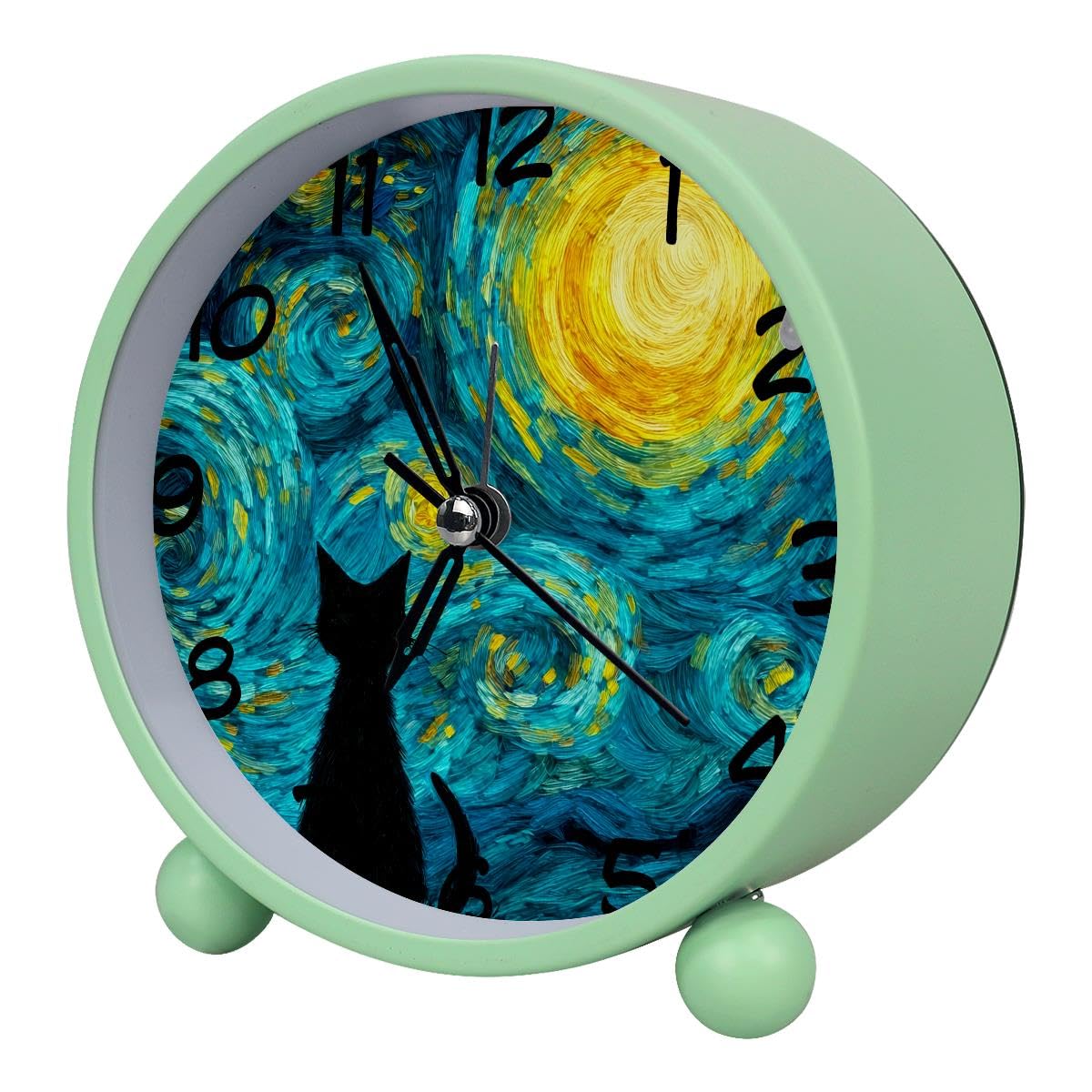 Luoweisi Analog Alarm Clock Starry Cat, Silent Non-Ticking with Night Light, Battery Operated, Round Desk Alarm Clock for Office, Bedroom, Elderly, Adults, Children, Student Gifts