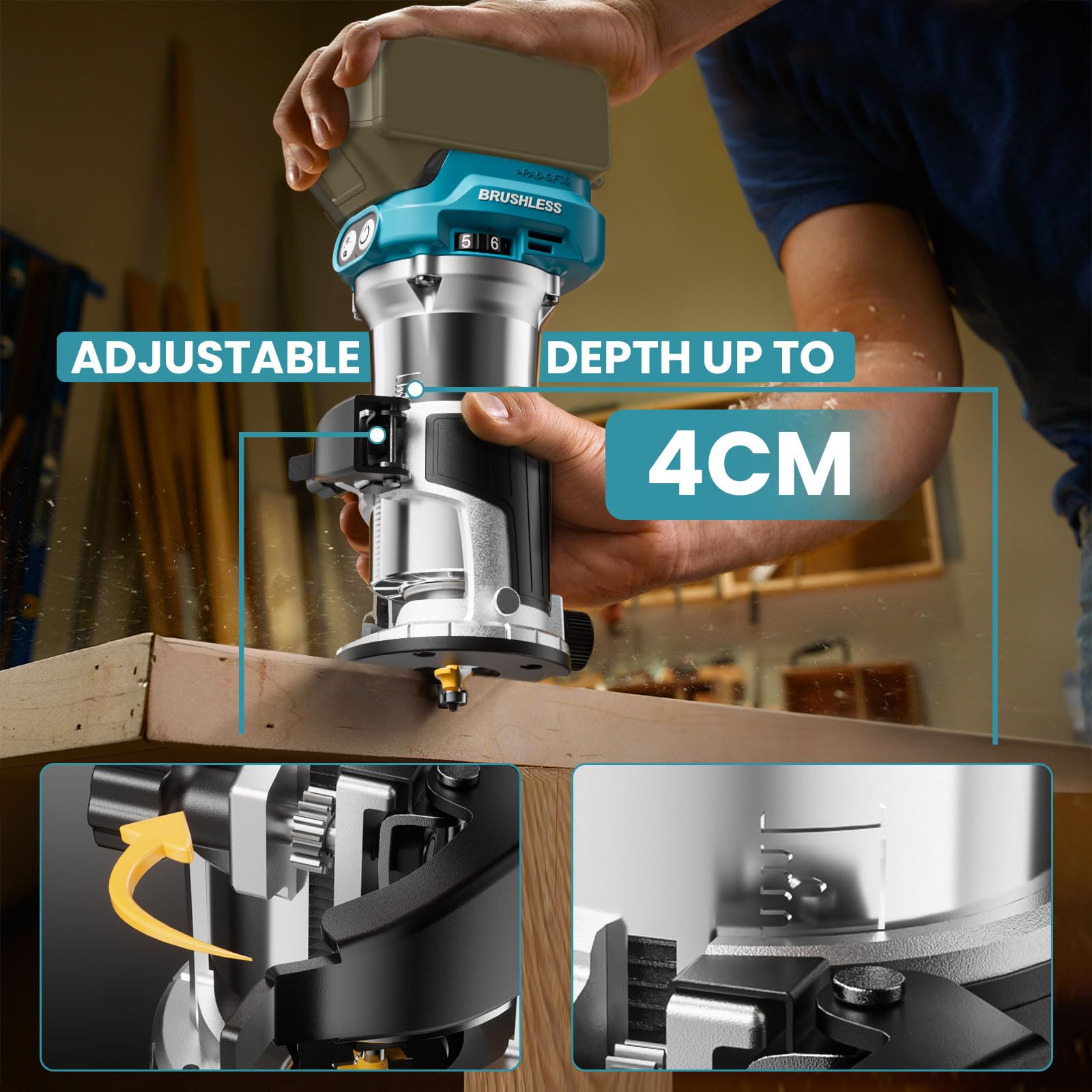Enrutador compacto inalámbrico para batería Makita de 18 V (herramienta desnuda), herramienta de enrutador de 6 velocidades variables para carpintería, enrutador de madera de base fija de 800 W 30.000