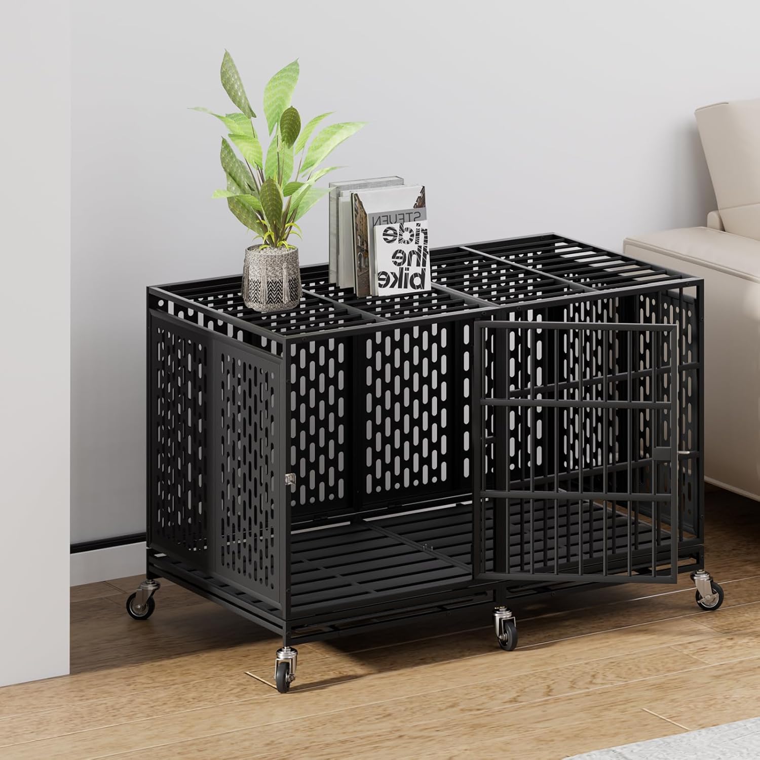 Snuowu 48 Inch Heavy Duty Dog Crate with Wheels, Metal Big Dog Cage for Large and Medium Dogs, Extra Large XL XXL Indestructible Dog Crate with Removable Tray.