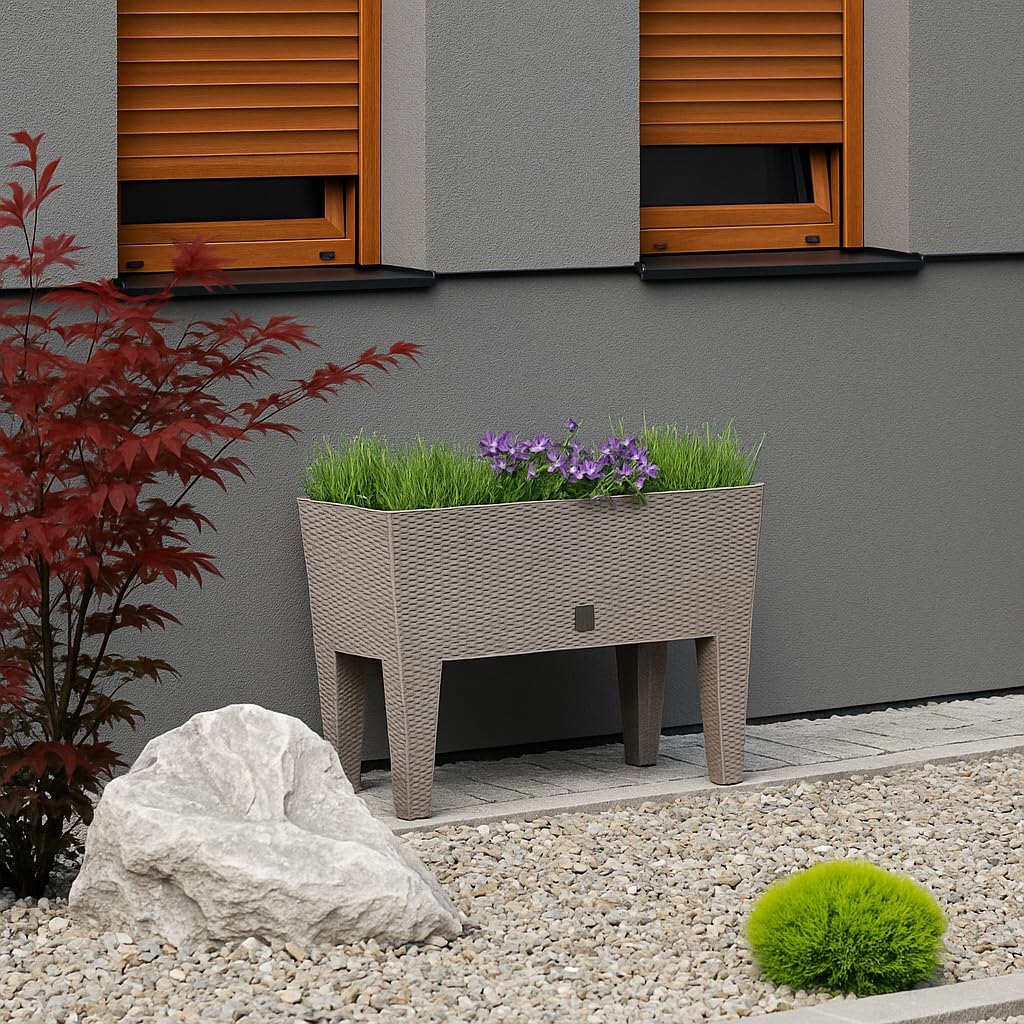 Blumentopf Blumenkasten Blumenkübel Hochbeet Pflanztopf mit Füßen rechteckiger Rattan Bewässerung Wasserstandsanzeiger 4 Farben 2 Größen von rg-vertrieb (600 anthrazit) Garten