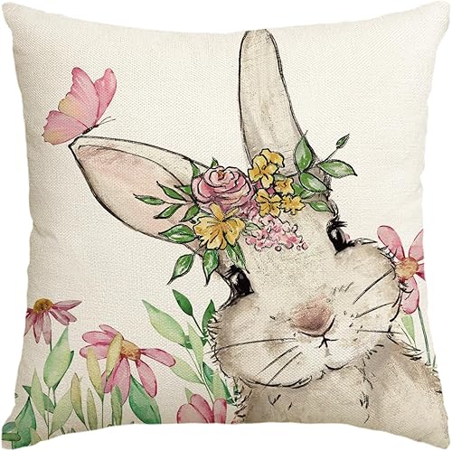 AVOIN colorlife Funda de almohada de conejo con guirnalda floral de Pascua, 18 x 18 pulgadas, decoración de primavera de conejo para sofá