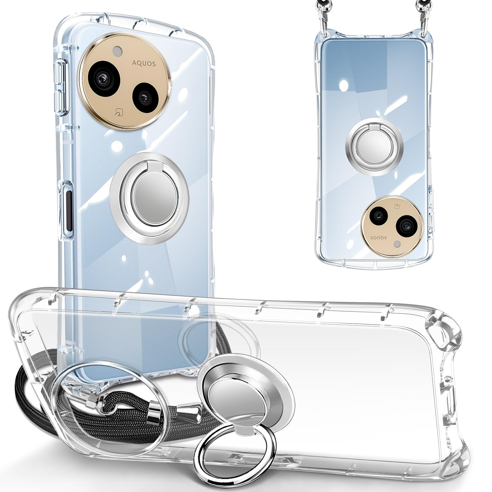 AQUOS sense10 SH-53F 用の ケース リング ショルダー ストラップ付 sense9 SH-53E 用の ケース クリア アクオス sense10 SSH-M33 用の カバー 縄掛け 肩掛け 斜めかけ スタンド機能 韓国 センス9 SHG14 スマホケース