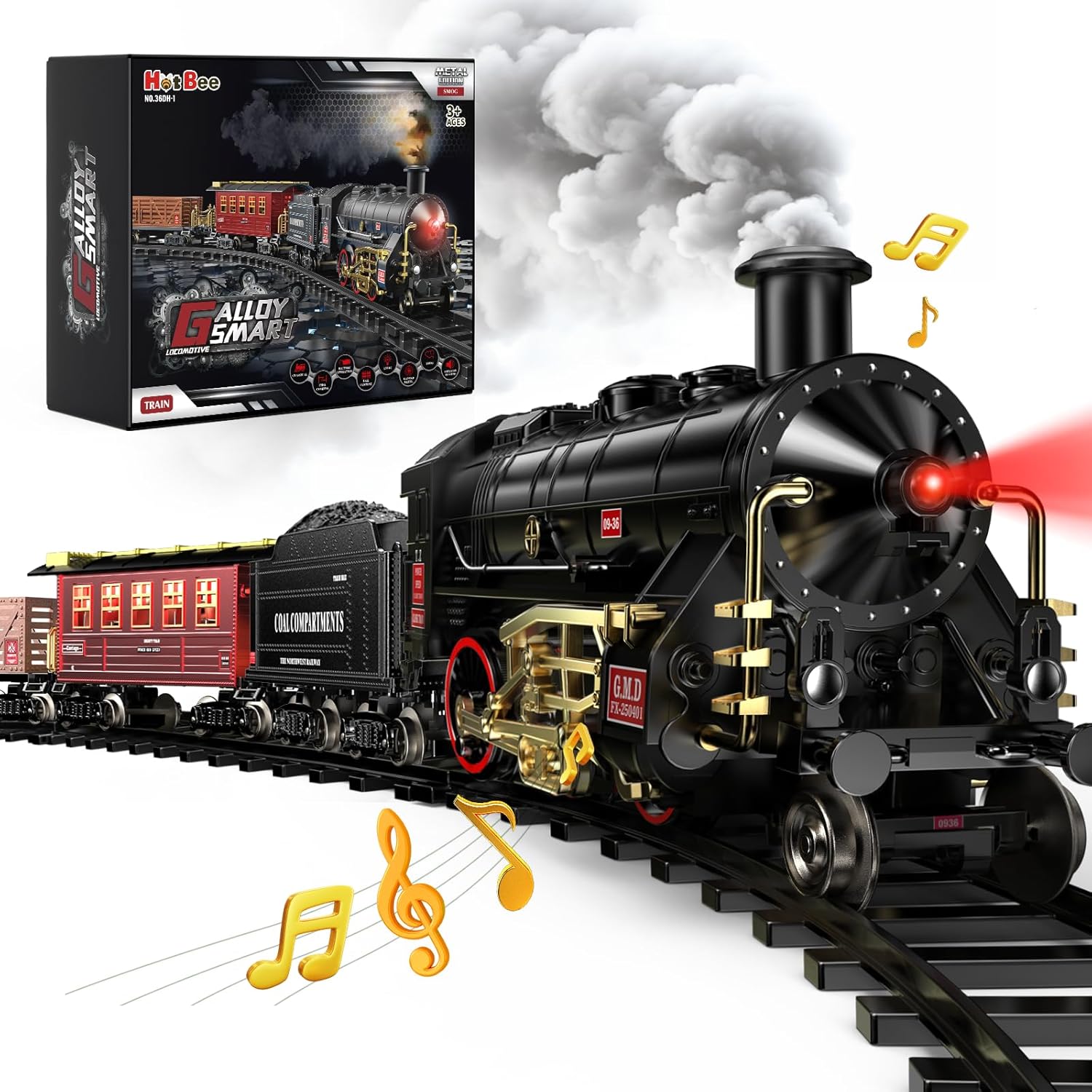 Hot Bee Train Set - Alloy Train Toys for Boys w/Glowing Carriage & Silent, Toy Train w/Smokes, Lights & Sound, Christmas Tree Train w/Steam Locomotive, Model Trains for 3 4 5 6 7 8+ Years Old Kids