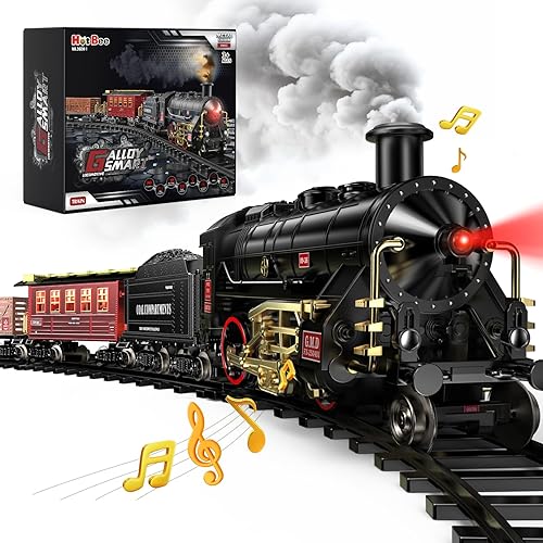 Set de trenes Hot Bee - Juguetes de trenes de aleación para niños con vagón brillante y silencioso, tren de juguete con humo, luces y sonido, tren