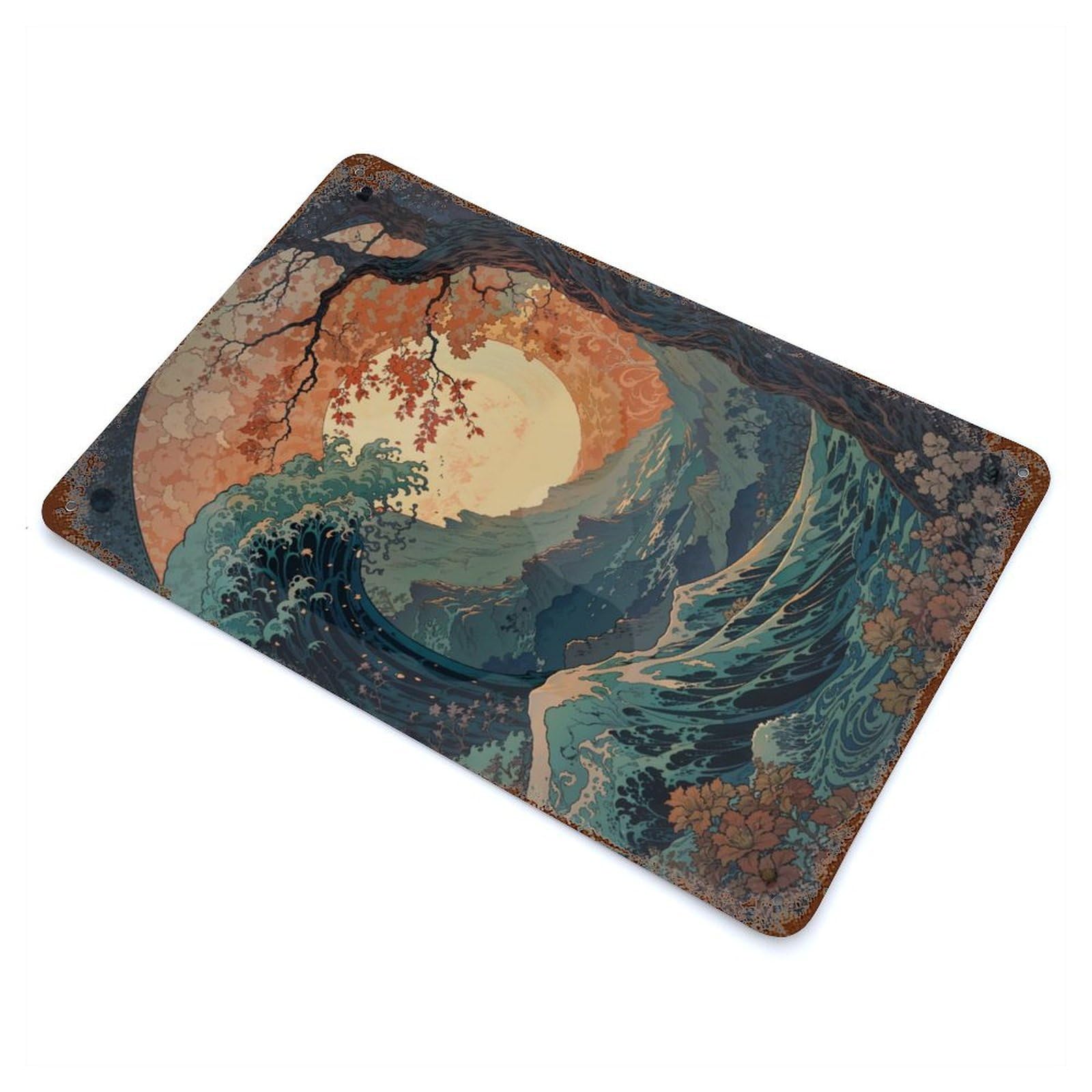 Great Wave Off Kanagawa 11.8"x7.9" Rusty Metal Tin Sign, Farmhouse Wall Decor for Office, Studio And Wall Decor