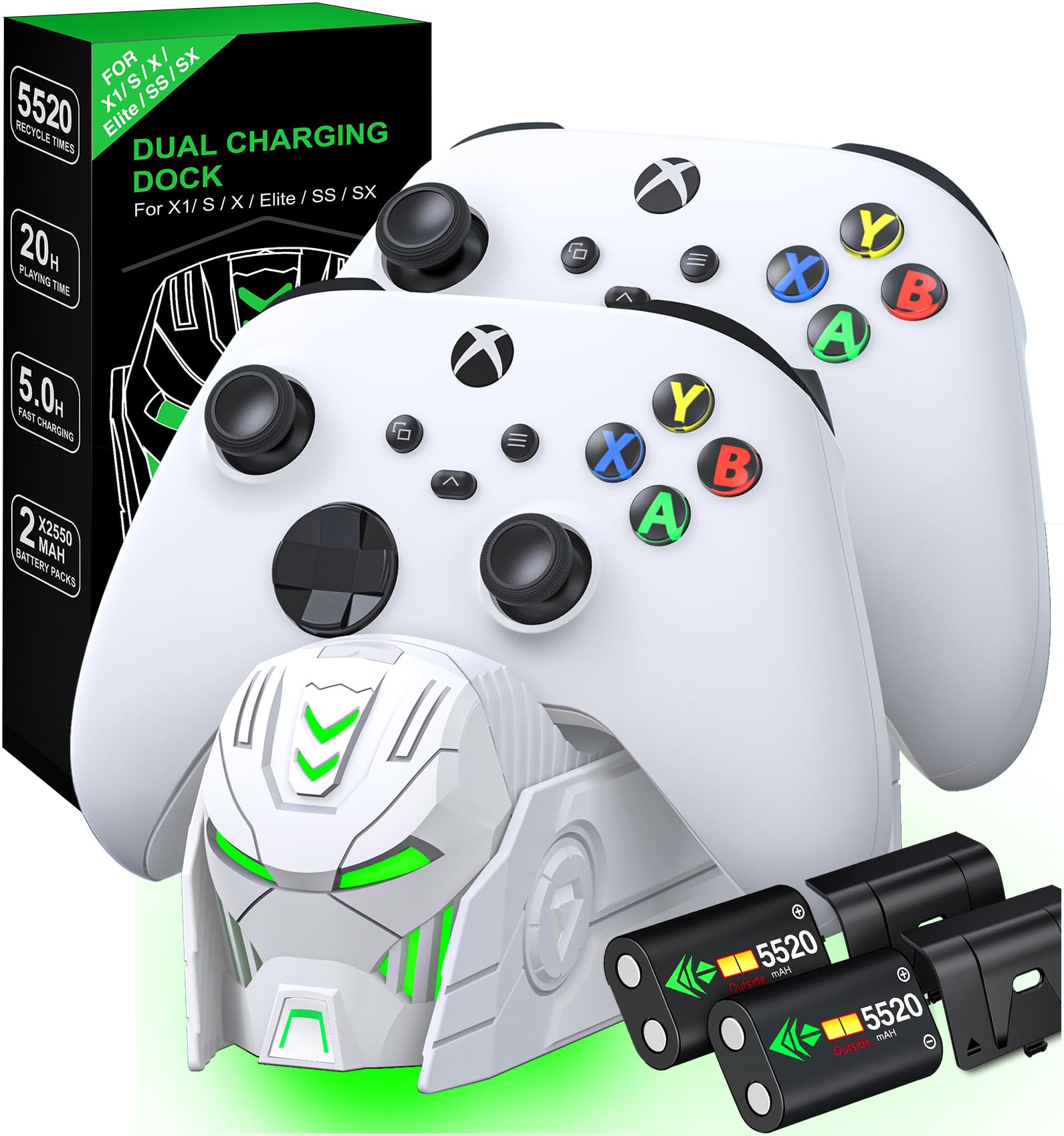 GAMSINGY Lot de 2 batteries pour manette Xbox One/Xbox Series X&S, 2 x 5520 mWh, station de charge compatible avec Xbox One S/X/Elite, Xbox Series X/S, autonomie de 25 heures A101