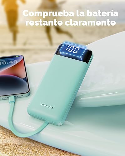 Vista 7 de charmast Cargador portátil con cables incorporados, banco de energía con cables, batería delgada de viaje de 10000 mAh, 6 salidas, 3 entradas, 5 A