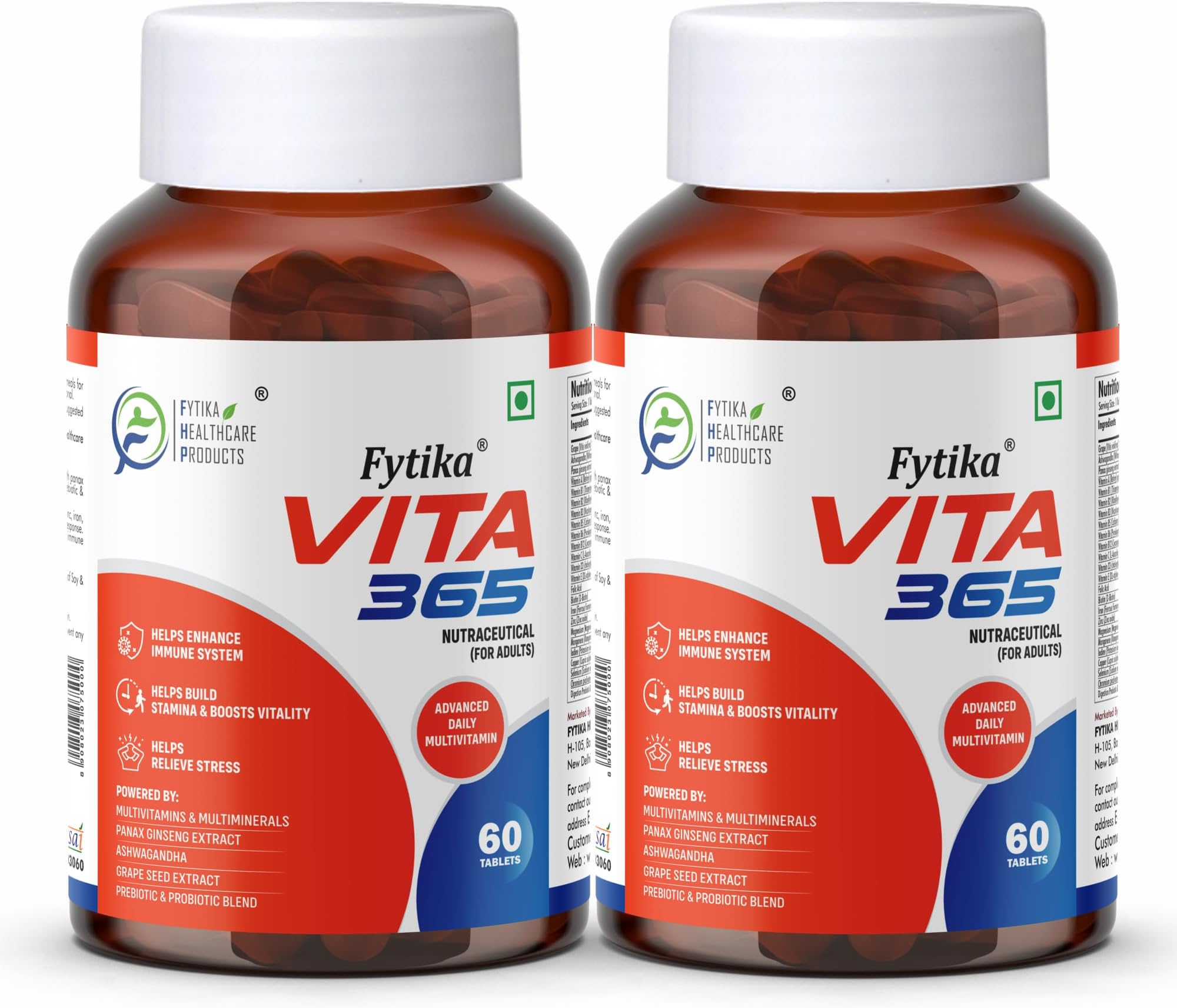 - Fytika Vita 365-120 Tablets (Pack of 2) | Multivitamin For Men and Women | With Ashwagandha, Ginseng, Probiotics & Prebiotics and Biotin| Enhances Energy, Stamina, Immunity and Digestion