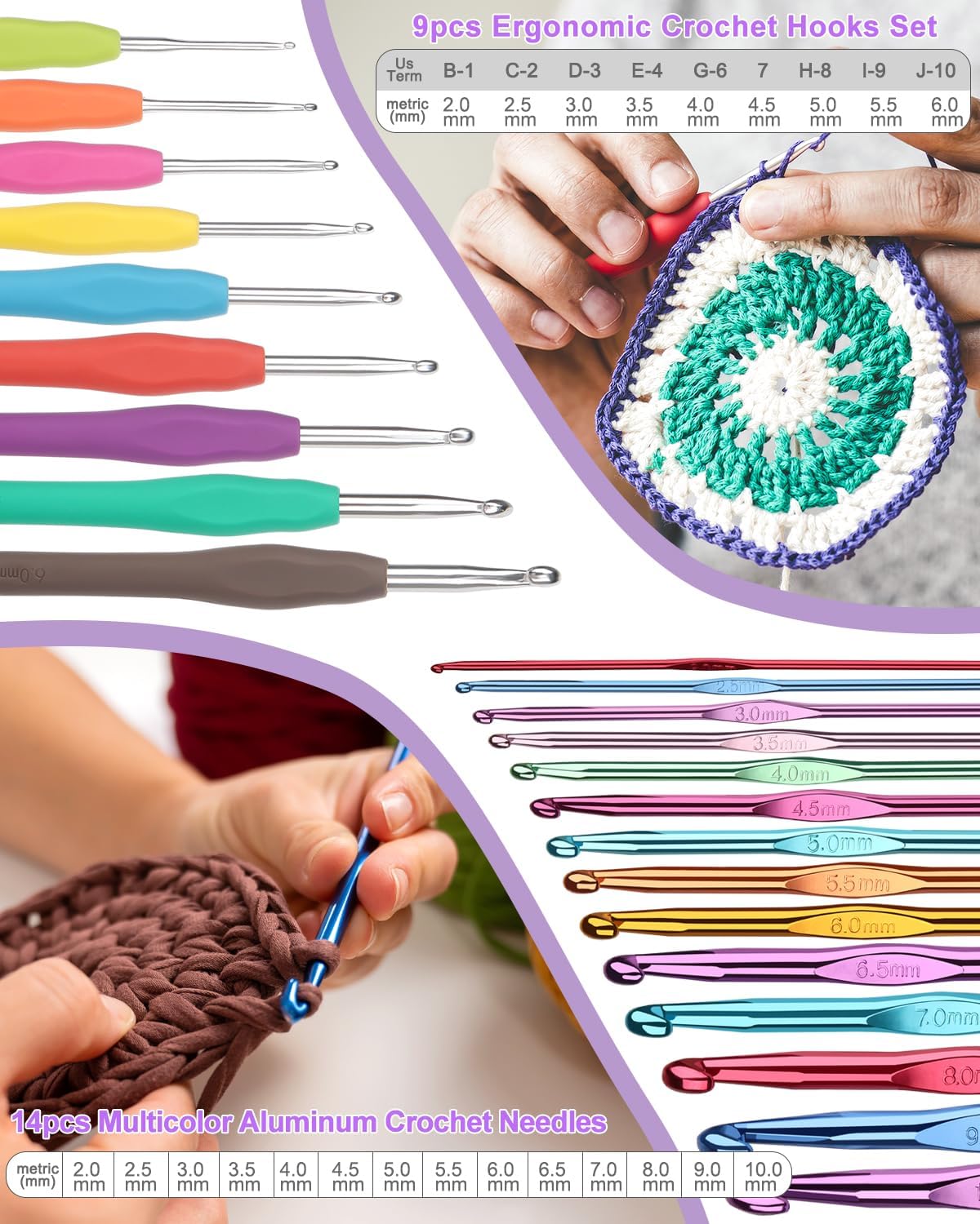 Aeelike Crochet Kit for Beginners Young and Old, First Crochet Kit for Adults Include 23pcs Crocheting Hooks, 655 Yards Yarn Set, Instruction, Bag, Crocheting Accessories and Supplies, Purple