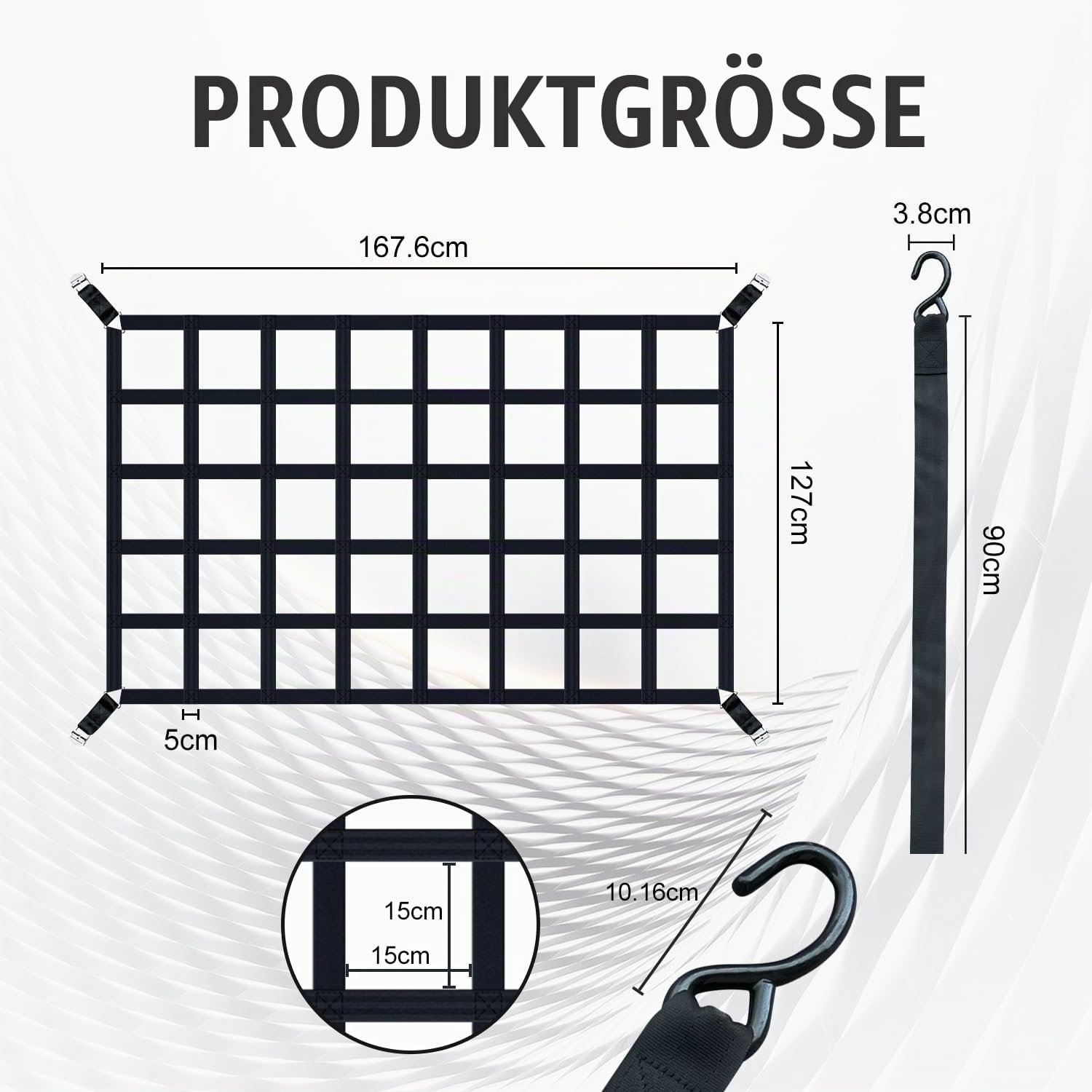 Cargo Net Gepäcknetz für Pickup & LKW Ladefläche/Heckklappe 167cm x 127cm – 500kg Schwerlast Frachtnetz Reißfest aus Nylon, verstellbar mit 4 Festgurten, S-Haken & Tragtasche