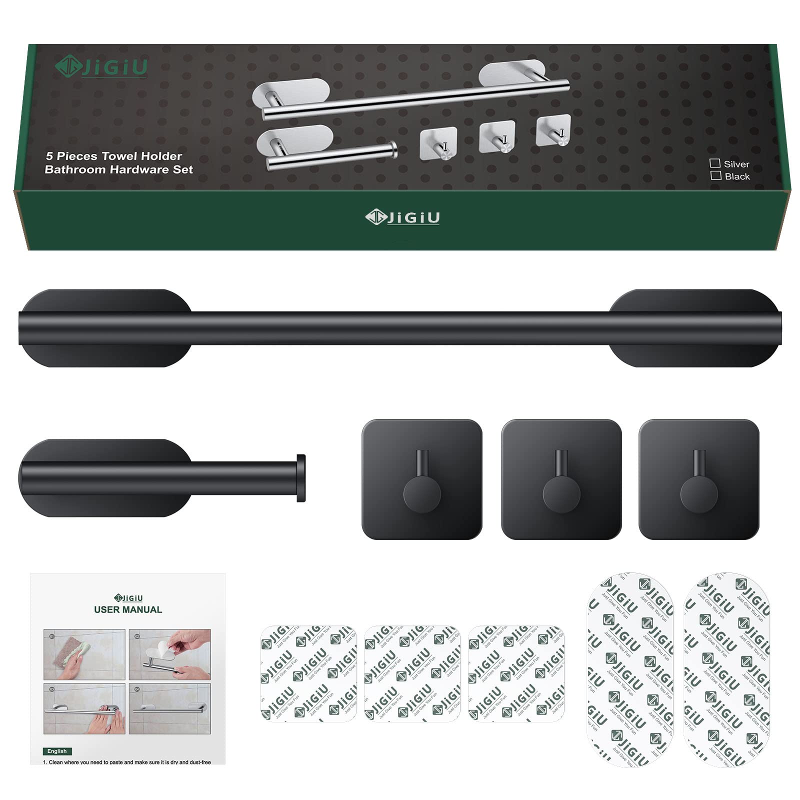 JiGiU Toalleros Adhesivos 40cm, 5 Piezas Juegos de Accesorios de Baño, Toalleros Baño Extensible Sin Taladro Acero Inoxidable 304 para Baño Color Negro