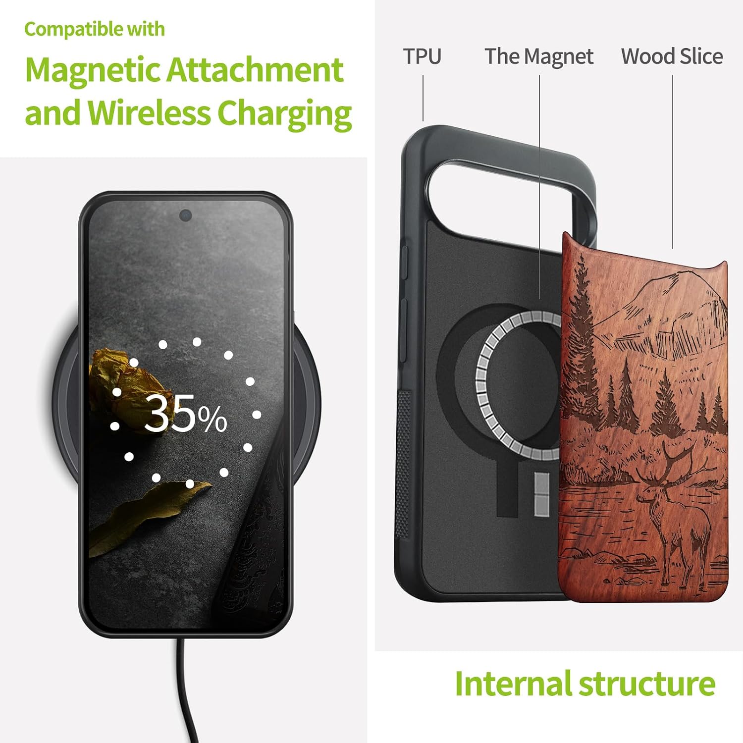Carveit Magnetic Wooden Case for Google Pixel 10 Pro XL Case, Wood Artisan Engraved & Soft TPU Shockproof Cover, Compatible with MagSafe Wireless Chargers (Mountains and Deer) Rosy