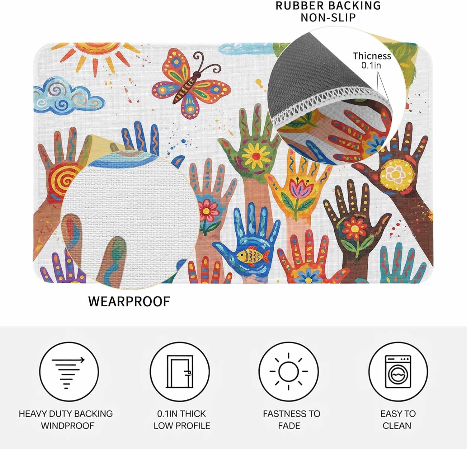 Cartoon Children's Day Door Mat Indoor Outdoor Entrance,Non Slip Small Rug for Kitchen Bathroom Entryway Rug,Colorful Handprints Abstract Art Washable Doormat Floor Mat for Office Decor 18x30 Inch