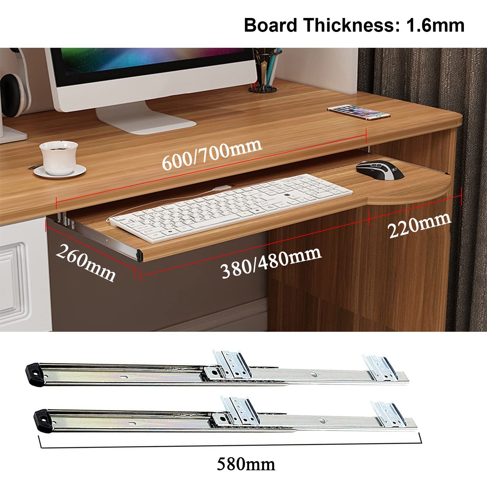 V3VOGUE Tastaturauszug Mit Holz Tastaturablage 600x270mm 700x270mm, Untertischmontage Tastaturschublade Mit Auszugschienen, Höhenverstellbar, Für Zuhause Büro Tastatur Maus-Halterung