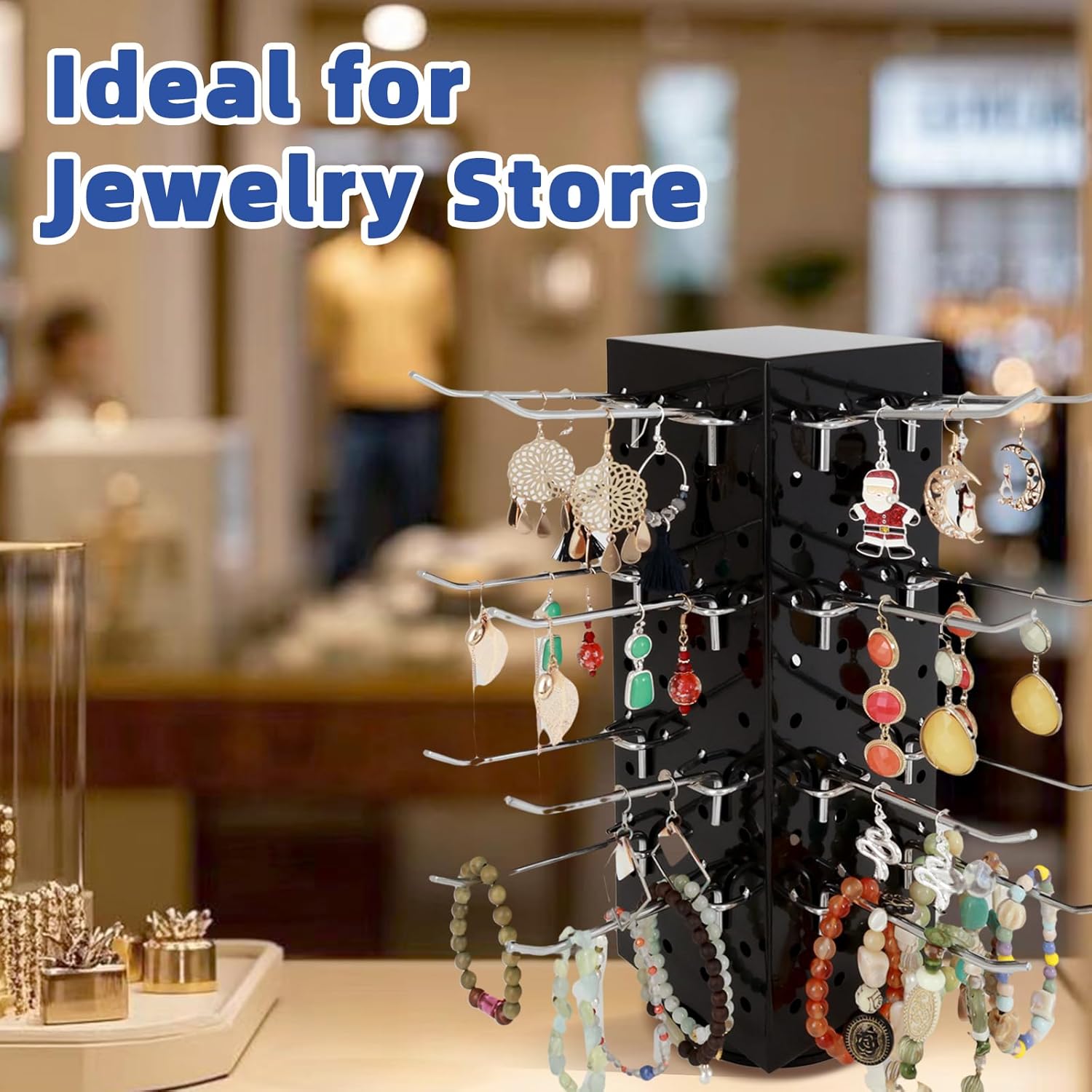 Rotating Pegboard Stand with 20 Peg Hooks 4-Sided Pegboard Spinning Display Stand 4 x 4 x 12 Inches, Keychain Display Stand for Retail Display, Earring Display (Black)