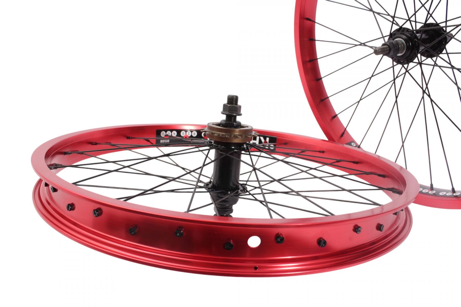 KHE Prism BMX 20 cali zestaw kółek, szerokość 38 mm, aluminium 7005, czerwone anodowane, z zębatką 16T
