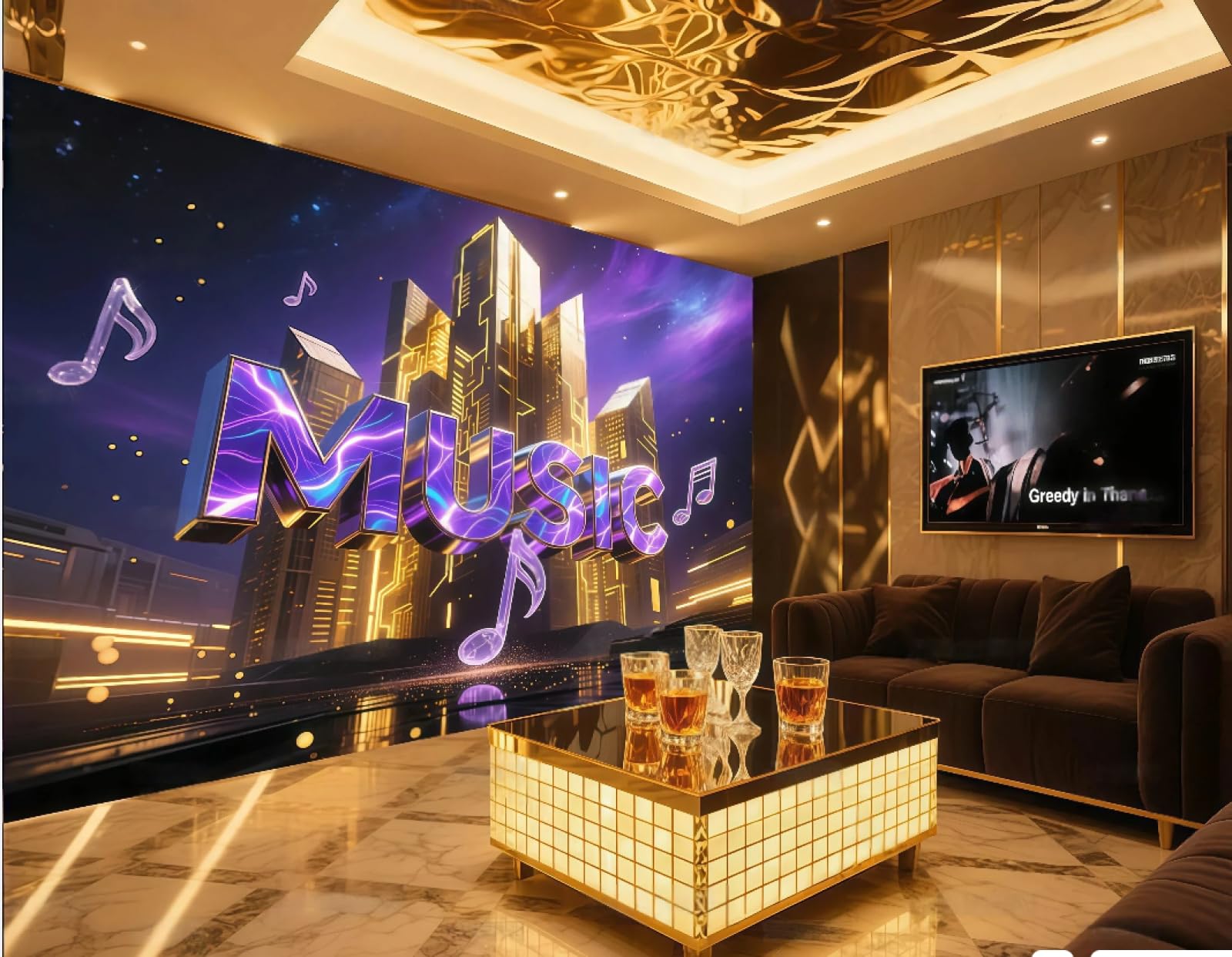 Rskjdghshd 3D Wallpaper Fashion Golden Building Music Dancing Trend Theme Bar Ktv Western Restaurant Background Wall Mural Afternoon Tea Coffee Shop Wallpaper,,250X175cm