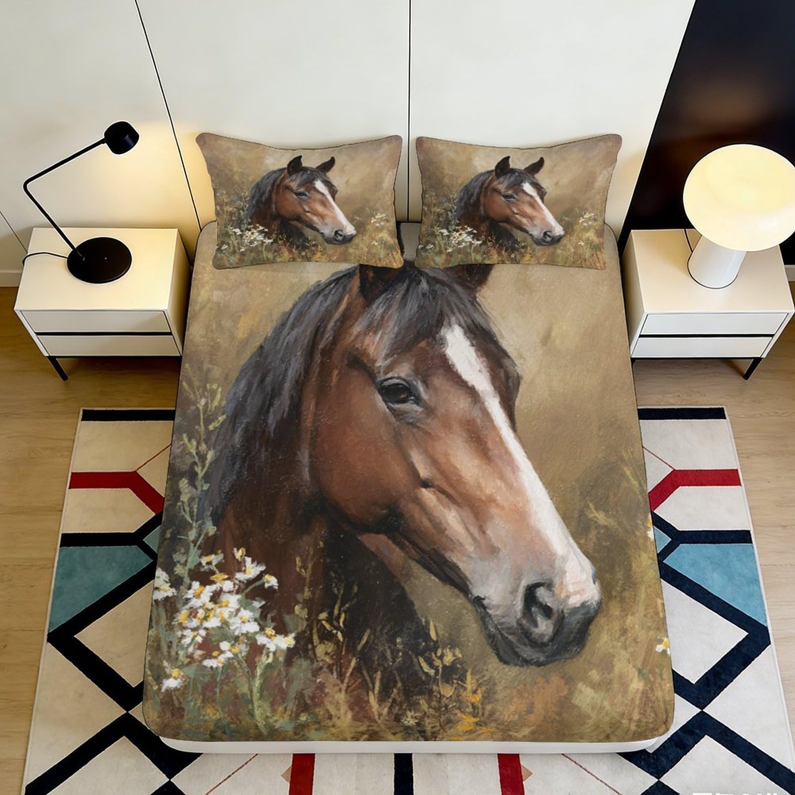 3D Printed Brown Horse Fitted Sheet Microfiber Soft Breathable Wild Meadow Bed Cover for Bedroom Guest Room Decor 90x200x25cm