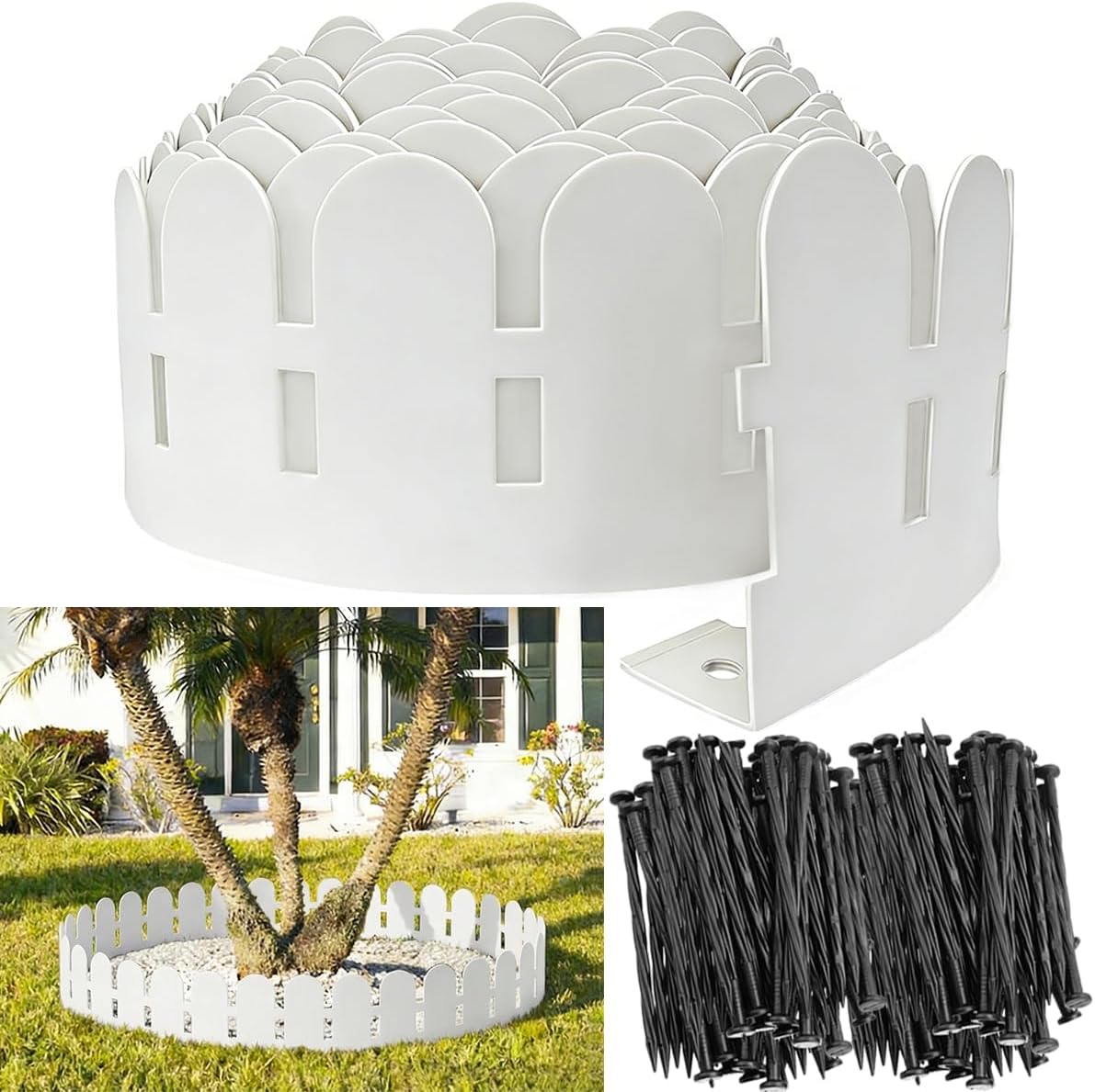 Landscape Edging Borders 5.5IN x 49FT, Garden Edging Border with 75pcs Plastic Spikes, Arched Design Flexible Lawn Edging Without Digging, Landscaping DIY for Tree Flowerbeds Grass Yard -White