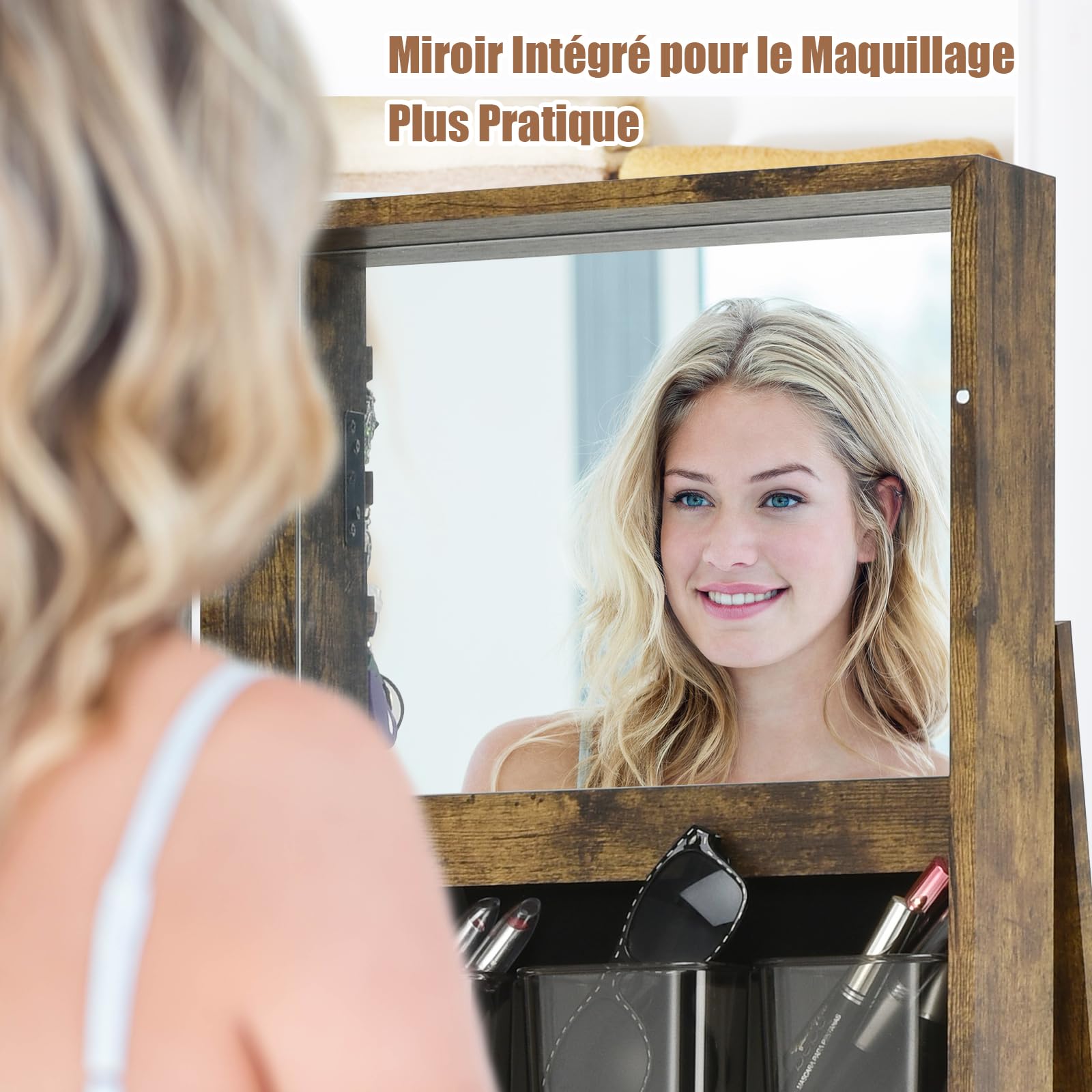 GOPLUS Armoire à Bijoux avec Miroir Plein Longueur, Armoire à Bijoux Pivotante sur Pied avec 3 Étagères de Rangement, Serrure, 3 en 1 Organisateur de Bijoux pour Maquillage, Habillage, Marron