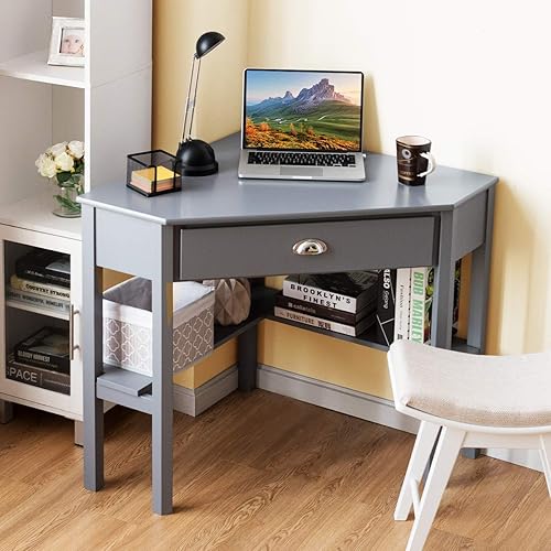 Miniatura 13 de Tangkula Escritorio esquinero, escritorio de esquina para computadora con cajón para espacio pequeño, escritorio de tocador de maquillaje de esquina