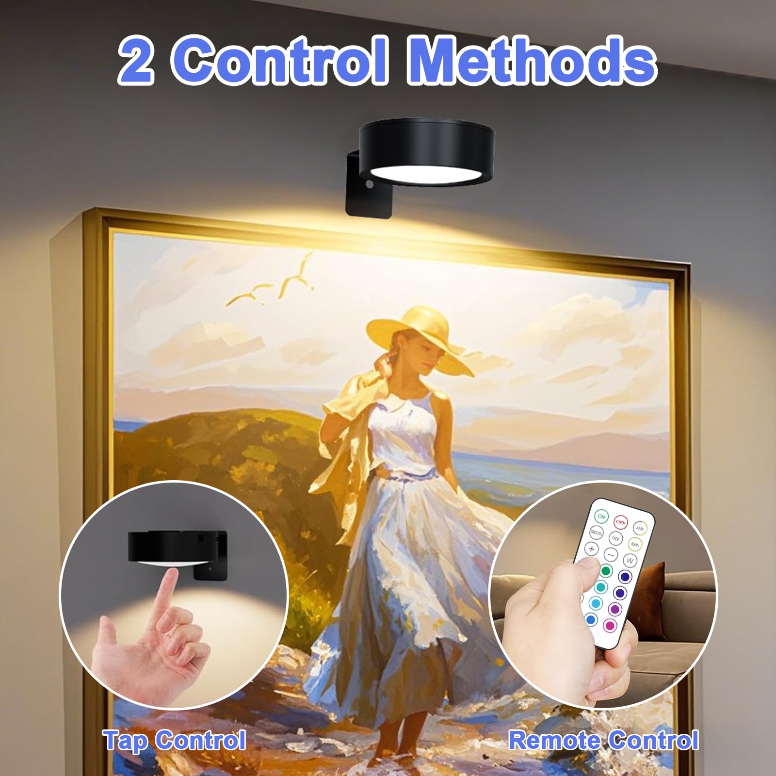 3PCS Applique Murale LED Sans Fil 13 Couleurs Magnétiques Rechargeables pour Cadres Photo, Spot LED avec Télécommande, Variateur et Minuterie, Lampe Murale pour Tableaux et Peintures.