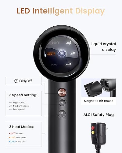 Miniatura 4 de Secador de pelo, secador de pelo iónico negativo con motor de alta velocidad sin escobillas de 110000 rpm, secado rápido, pantalla LED, control