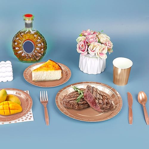 Miniatura 5 de Juego de vajilla desechable de bronce de 175 piezas para fiestas, platos de papel de bronce, servilletas, vasos, tenedores de plástico de bronce,