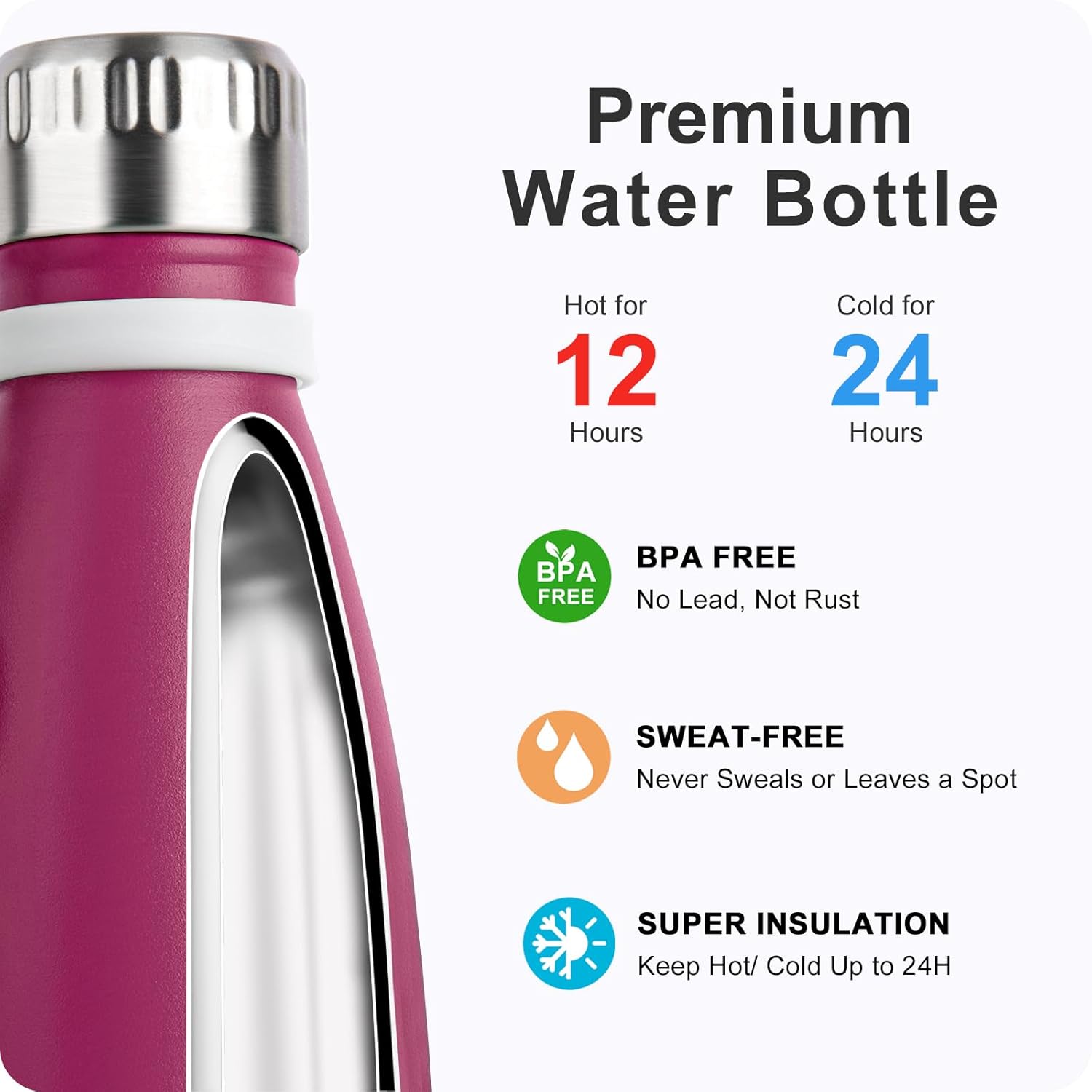Insulated Water Bottle-17 oz Stainless Steel Double Wall Vacuum Water Bottle for School-Cola Shape Leak Proof Sport Water Bottle with Carry Rope (Fuchsia Red) - Image 3