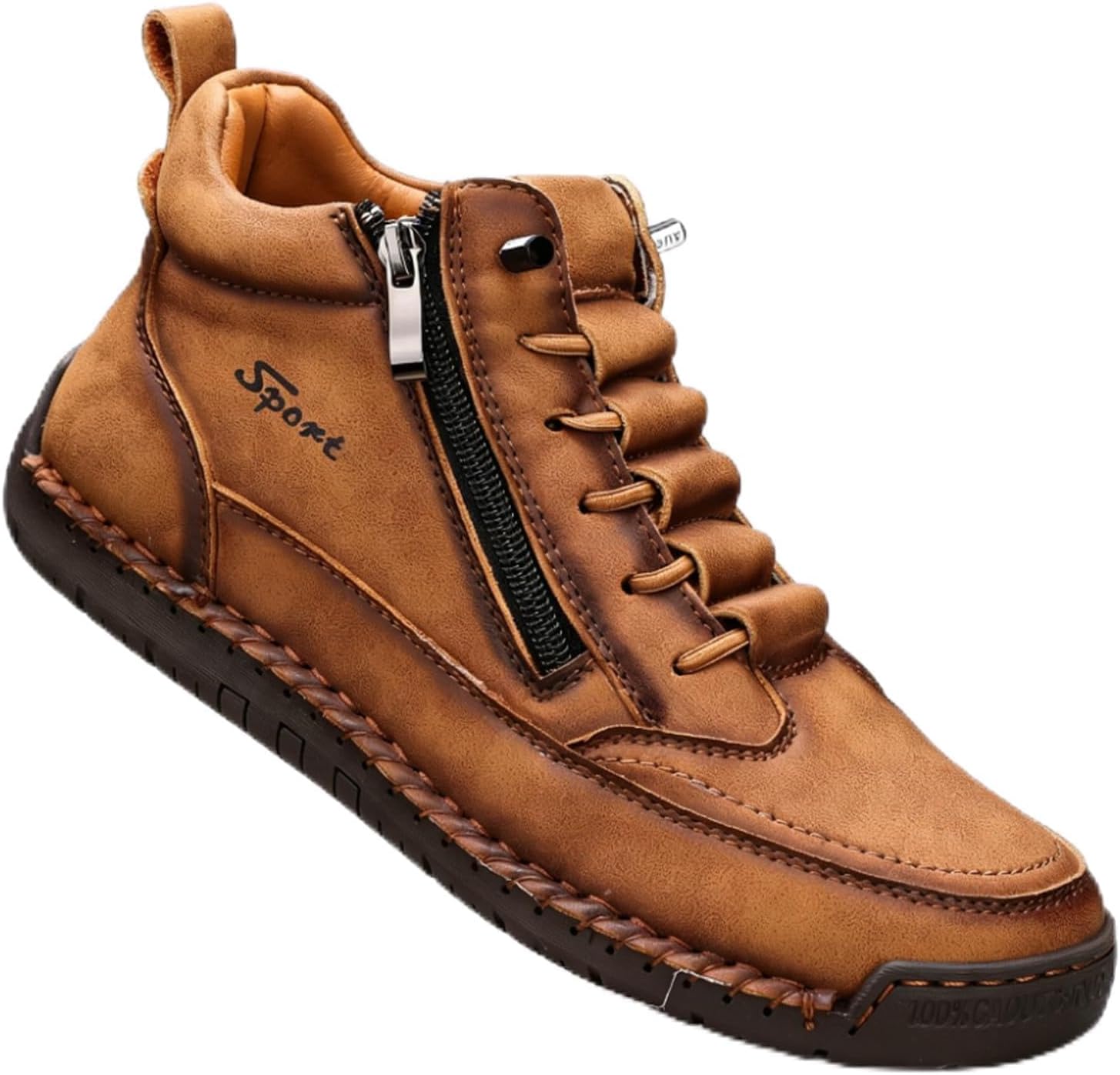 Men's Casual Leather Handmade High Top Chukka Boots Fashion Lace Up Side Zipper Mid top Comfortable Slip On Loafers Non-Slip Soft Sole Lightweight Walking Driving High Boots