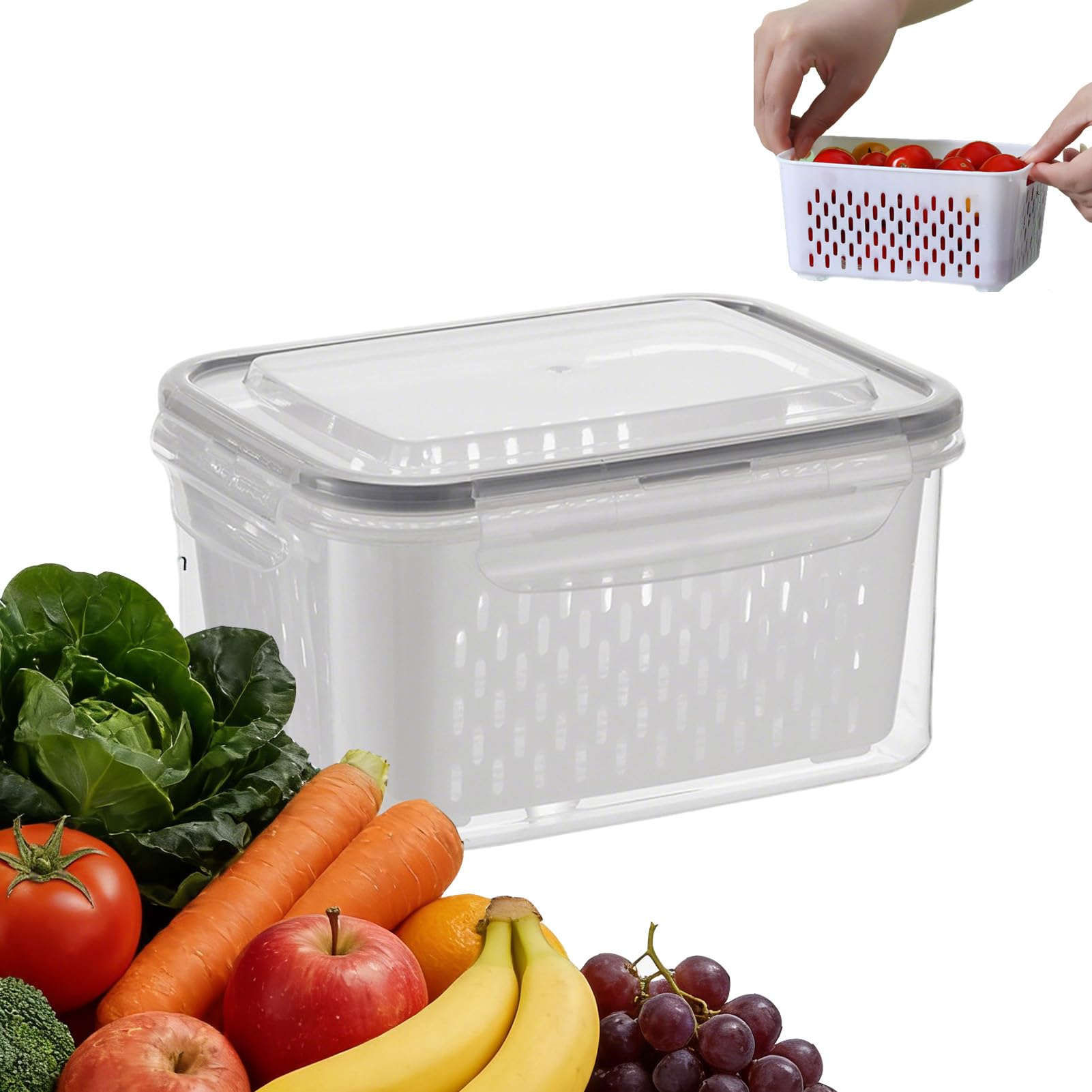Eowduk 4 in 1 Food Storage Container, Household Transparent Plastic Food Storage Box-Including Drain Basket, Fruit Storages Containers for Fridge with Removable Colanders (Gray,Medium)