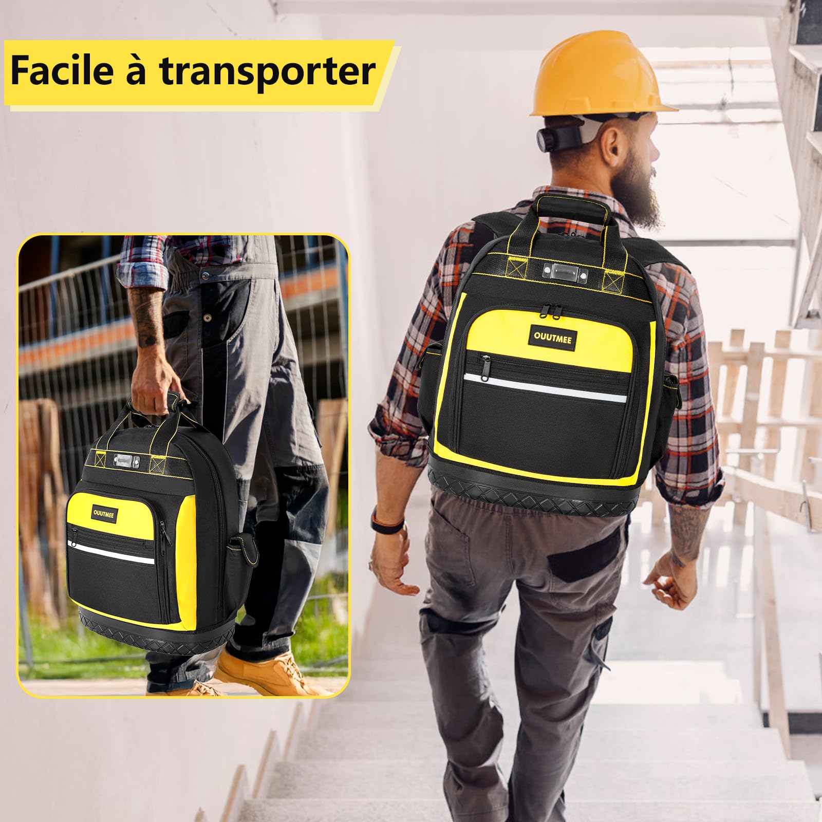 OUUTMEE Sac à Dos à Outils avec Base en Caoutchouc ABS, Sac à Outils Robuste avec Poches Multiples, Sacs Porte-Outils avec Bandoulière et Sangle de Taille pour Électriciens et Construction (Jaune)
