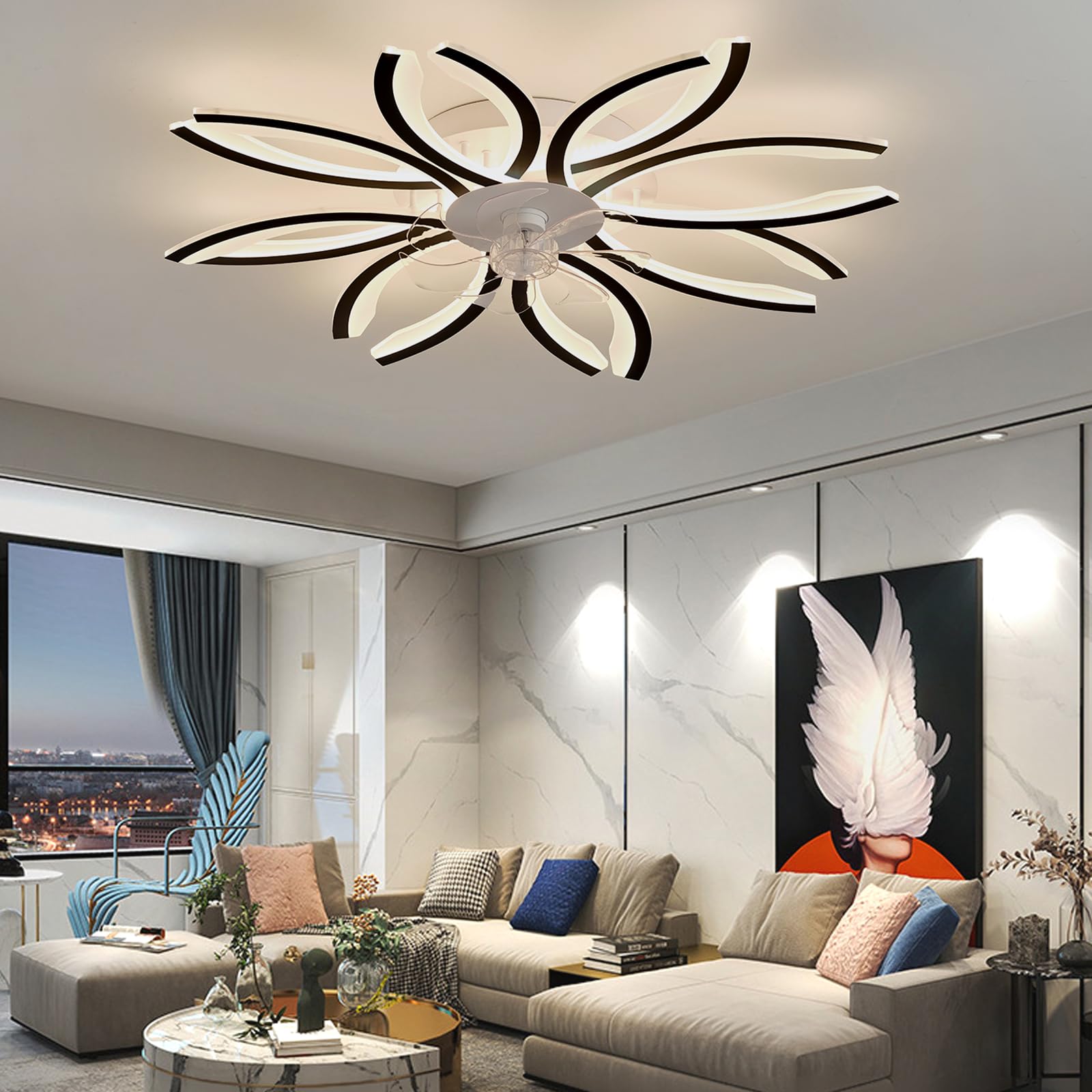 Caufloce Lampadario con Ventilatore da Soffitto Dimmerabile, Smart LED Fiore Reversibile Ventola Soffitto con Luce E Telecomando Silenzioso Moderno DC Luce con Ventilatore Salotto per Cucina-Gold