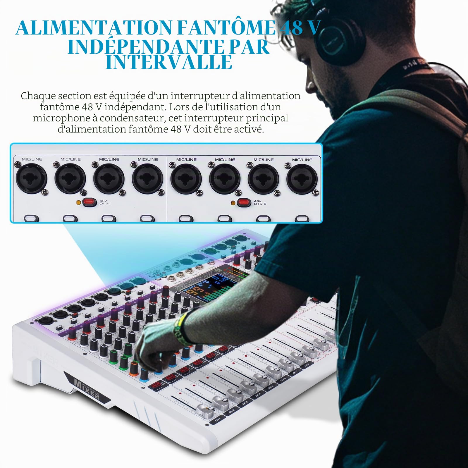 GF12 Console de mixage multifonctionnelle à 12 canaux avec grand écran LCD couleur pour performance sur scène, isolation, mute indépendant, égaliseur à 7 niveaux et 99 effets de réverbération