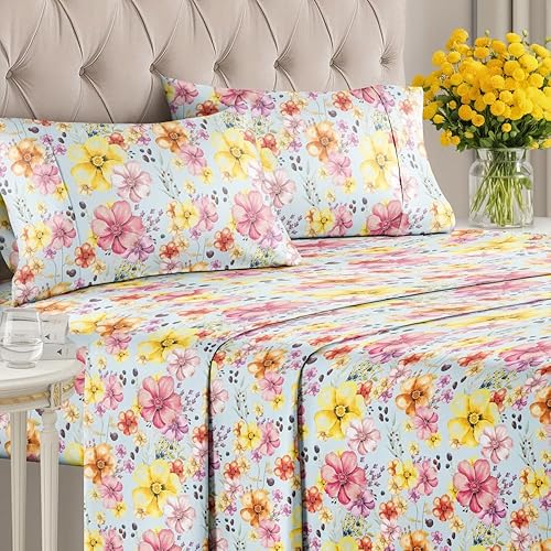 Miniatura 2 de Sábanas florales  Juego de sábanas florales de acuarela  1 plana, 1 bajera y 2 fundas de almohada con bolsillos profundos  No se arruga ni se